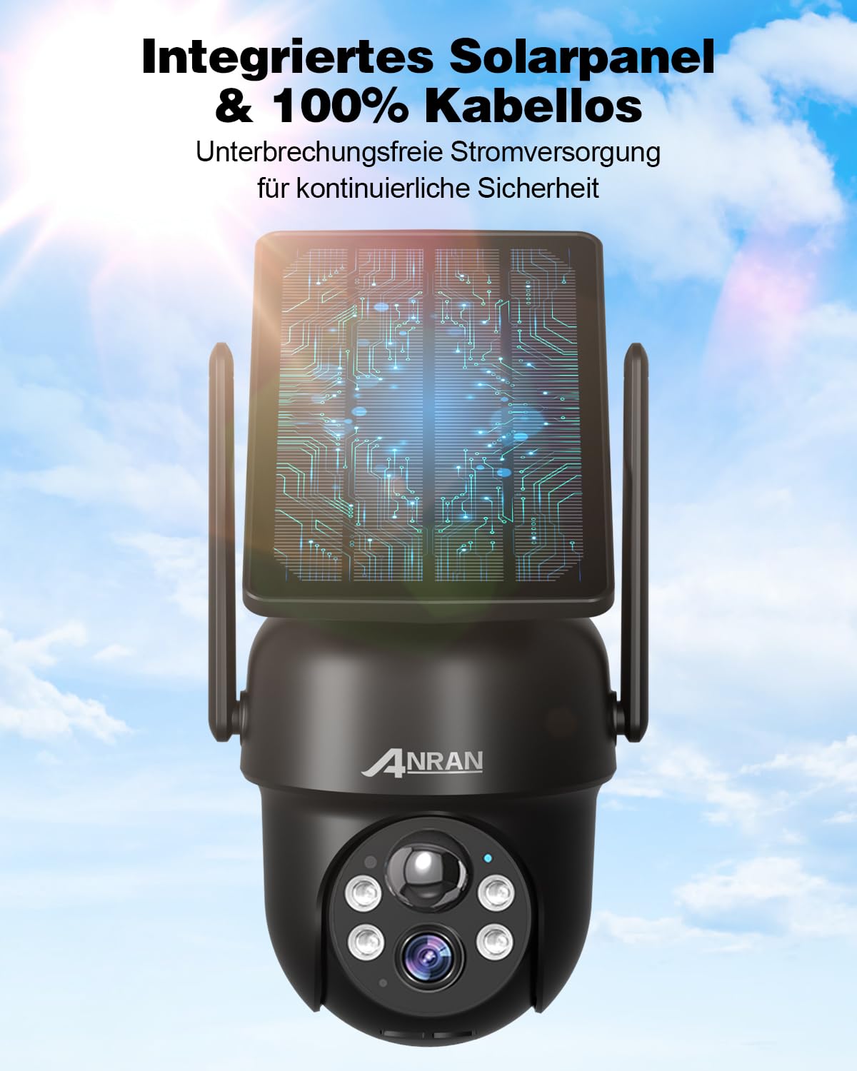 ANRAN 5MP Solar Überwachungskamera Aussen Wi-Fi,360°Schwenkbar | mit Kabellos Solarpanel,Farbnachtsicht,2-Wege-Audio,PIR Erkennung,Intelligenter Alarm,IP66,Alexa Kompatibel
