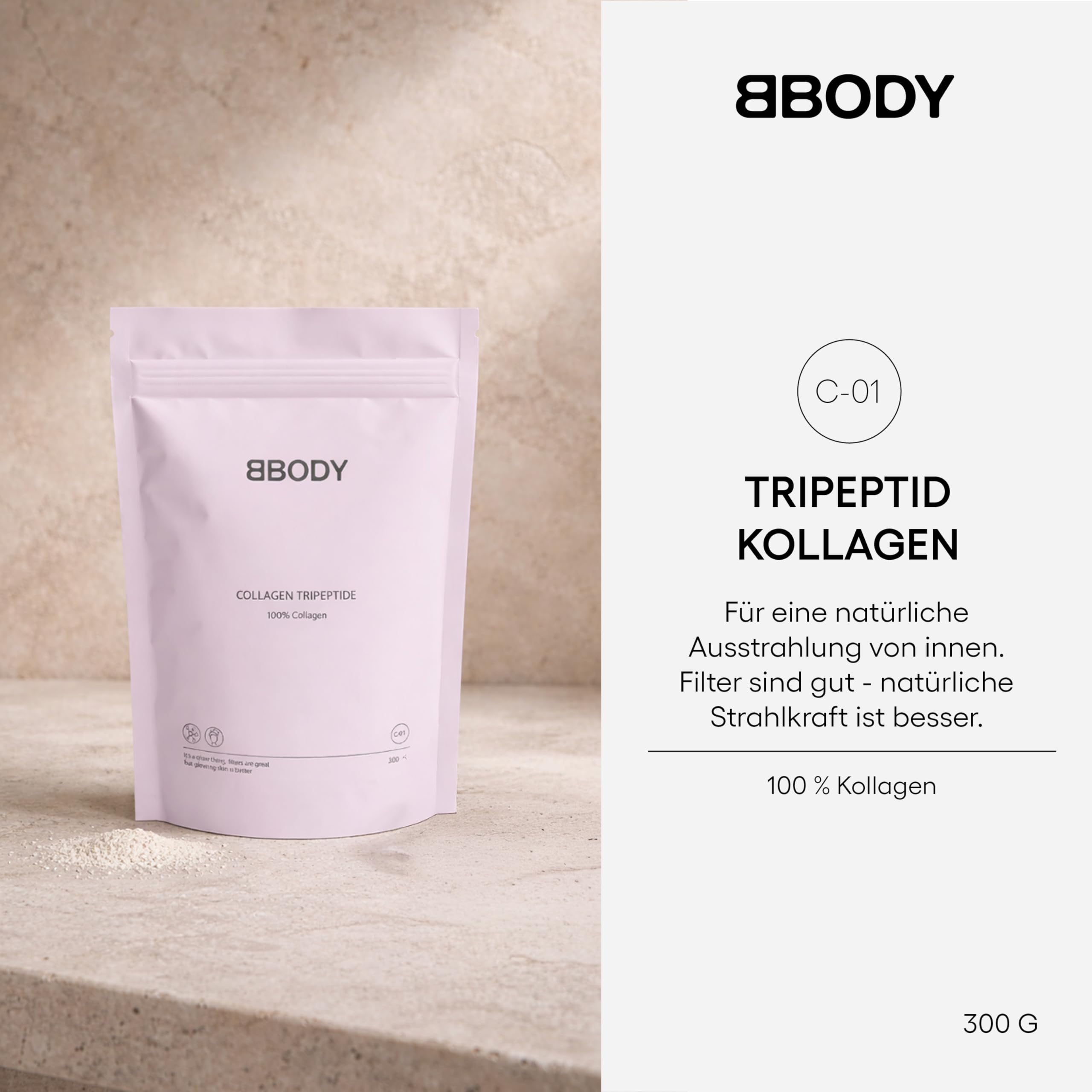 Tripeptid Kollagen Pulver 300 g - 100% reines, bioaktives Marine Collagen Hydrolysat Peptide aus wildem isländischem Kabeljau, perfekte Löslichkeit, 30 Tage Vorrat