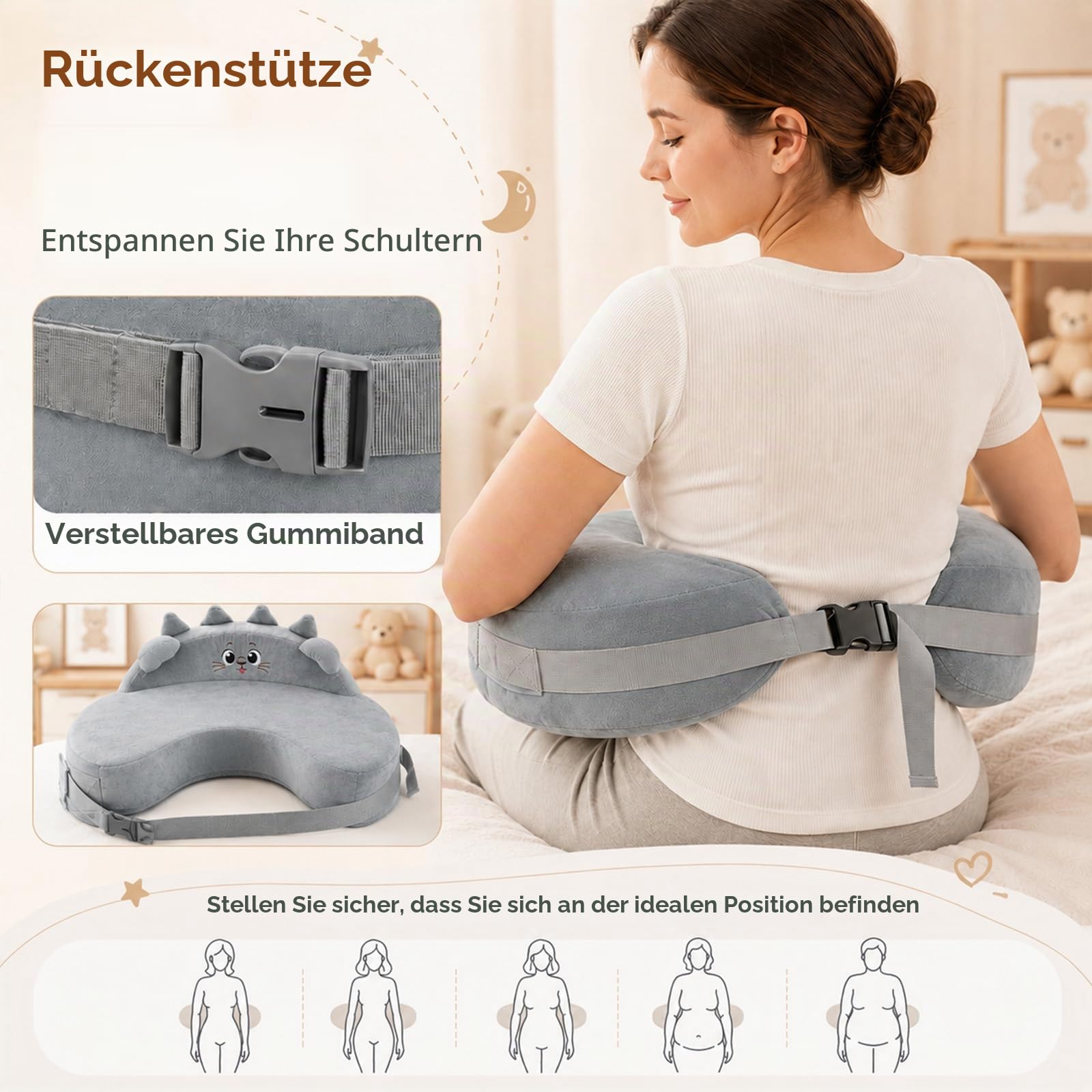 Stillkissen mit Sicherheitsumrandung, StillkissenKlein Memory-Schaum Stillkissen Verstellbar & Abnehmbar Baumwollbezug, Ergonomisches Still Lagerungskissen Liegefläche Fester & Stützend(Gray)