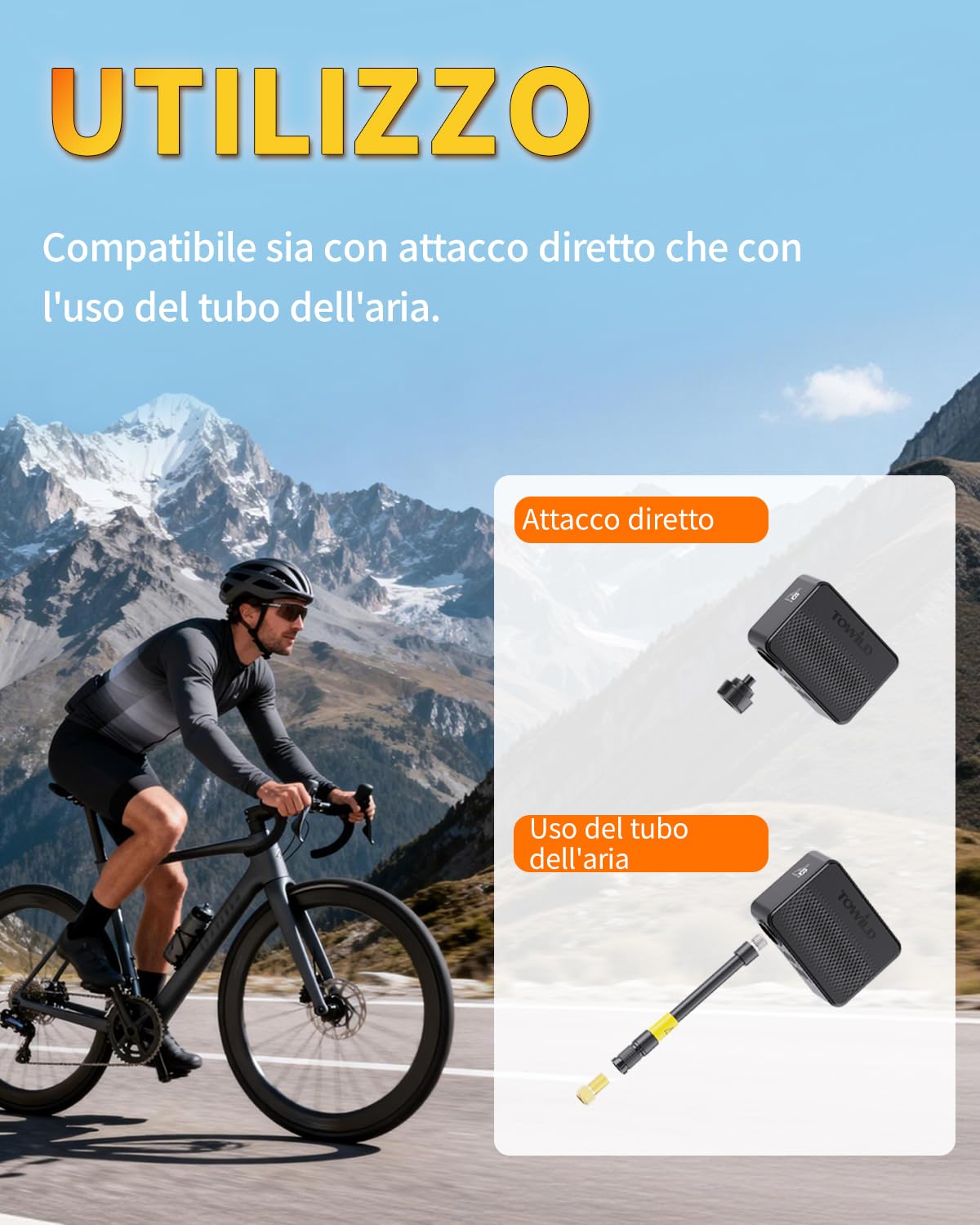 TOWILD A13 Pompa Elettrica per Bici, Max 130 PSI Mini Compressore d'aria elettrico, Funzione di Arresto Automatico Ricaricabile Type-C, Valvole Presta e Schrader per Biciclette da Strada, MTB, E-bike