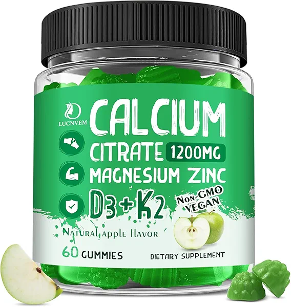 Calcium Citrate 1200 mg with Vitamin D3 Gummies, Calcium Citrate Magnesium Zinc with Vitamin D3 Supplement for Women & Men Bone & Teeth Support, Natural Apple Flavor - 30 Day Vegan Supply
