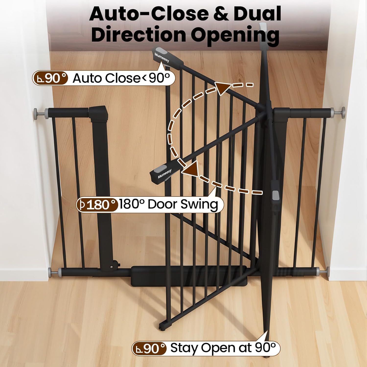 Baby Gate for Stairs, 26-40" Auto Close Dog Gate for Doorways, Pressure Mounted Child Gate with Walk Thru Door, Easy Install Safety Gate for Children and Pets, Black