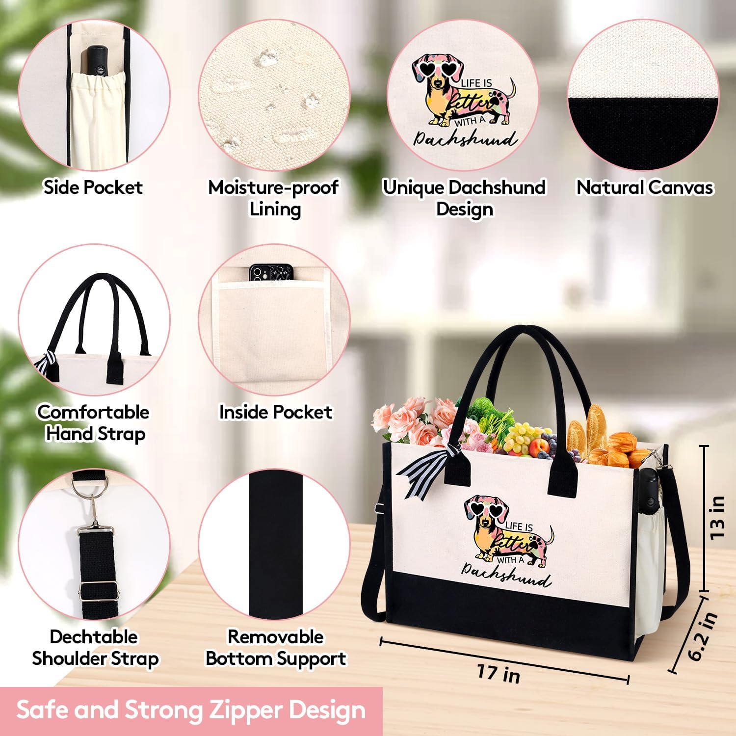 Extrogif Dachshund Gifts for Women, Canvas Tote Bag with Zipper – Weiner Dog Gifts Tote for Dachshund Lovers, Mother's Day, Christmas, Birthday - Image 5