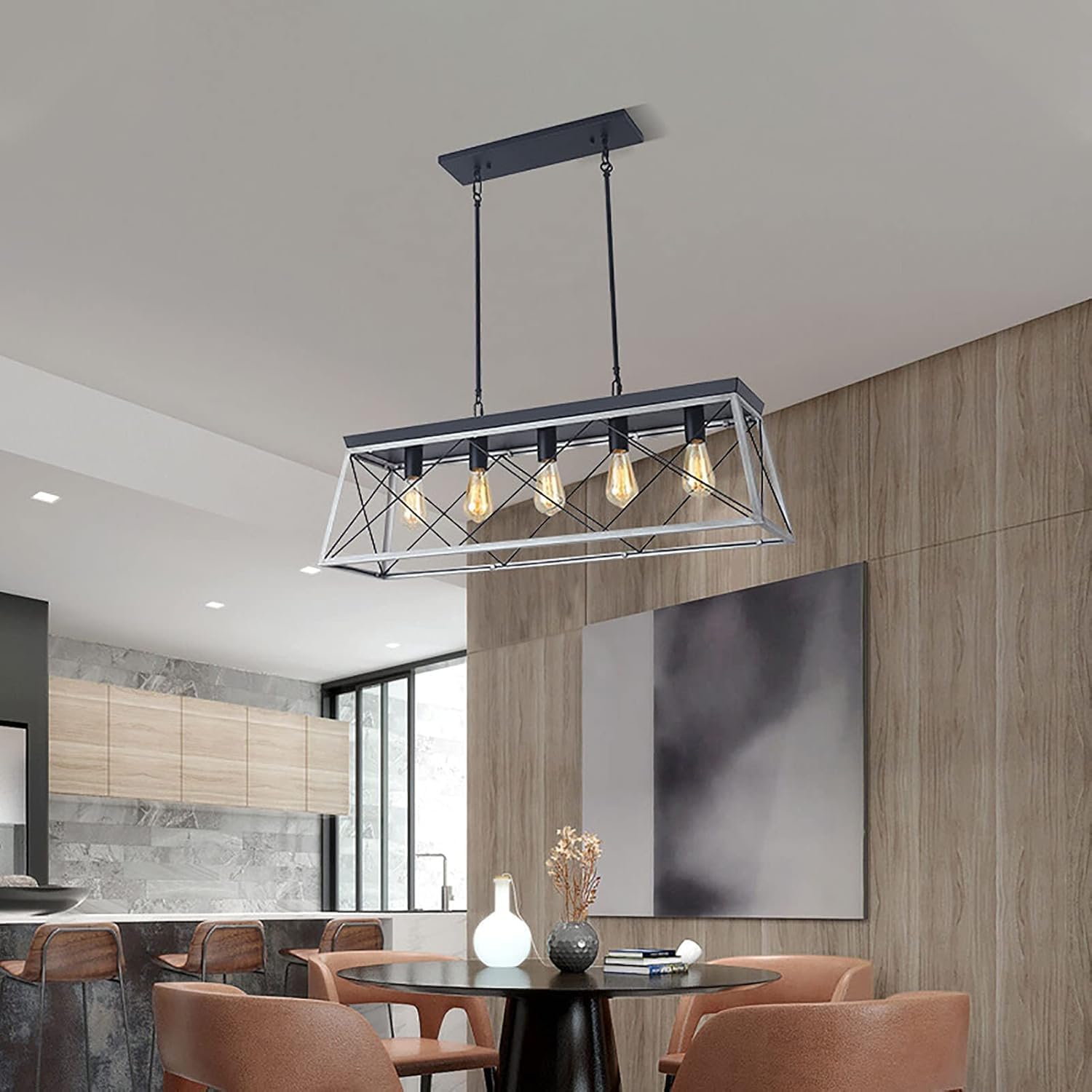 Modern Black Pendant Chandelier, Industrial Ceiling Light Fixture with Durable Glass Shade, for Kitchen Island, Dining Room, and Living Room