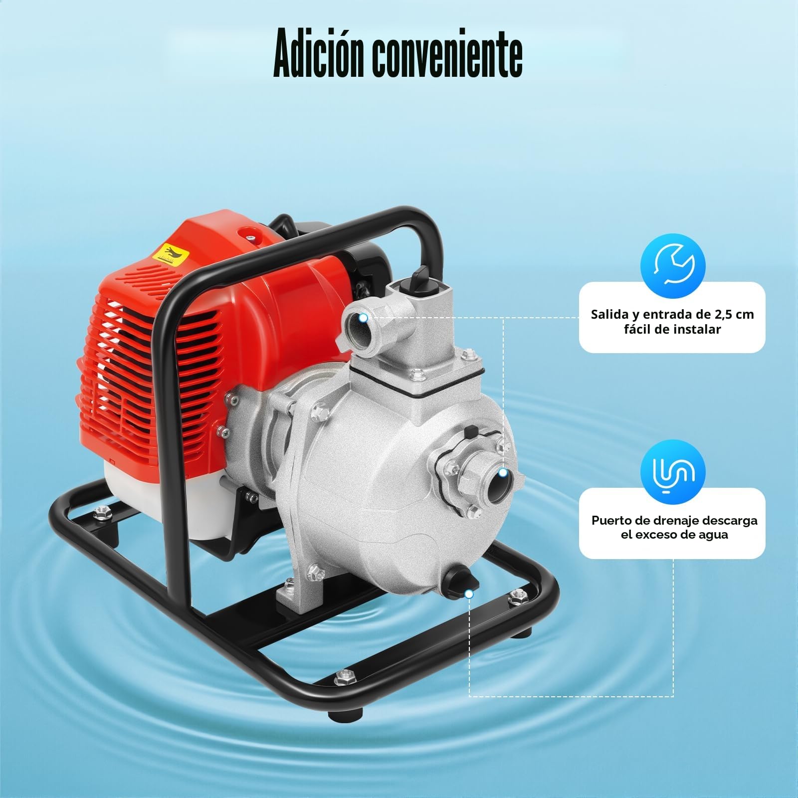Bomba de agua gasolina 1,25 kW/1,7 hp 8000 l/h 30 m, motor 2T, botella de aceite, filtro | riego/drenaje (610 g combustible)
