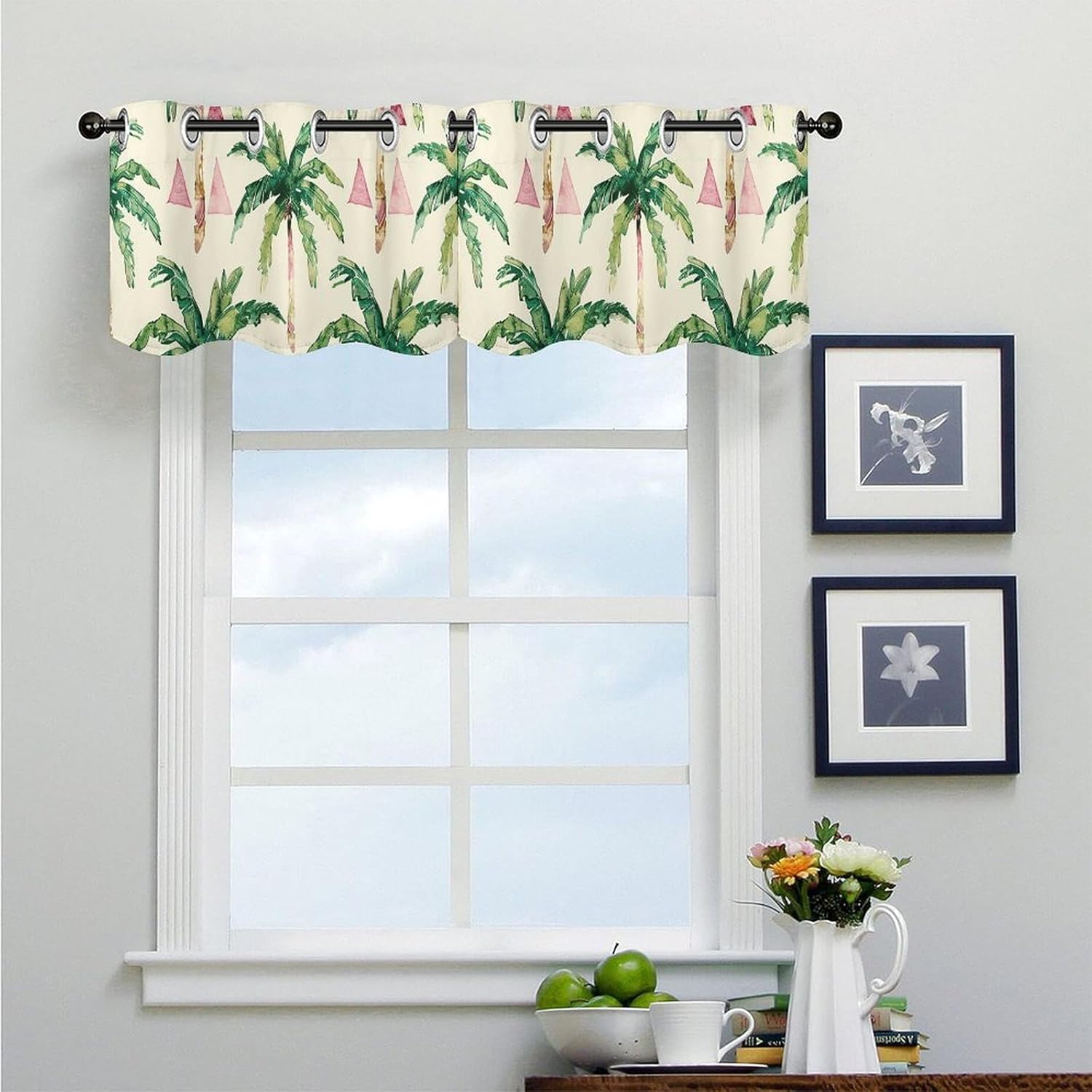 Green Palm Tree Valance for Windows, 2 Pack Kitchen Curtains Modern Home Decor, Soft Blackout Window Curtains for Living Room & Bedroom, 18 X 52 Inch
