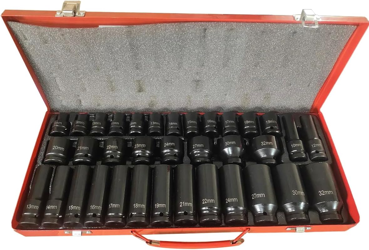 35pcs 1/2" Drive Deep Impact Socket Set Axle Hub Nut 6-Point Metric 8-32mm CR-V Steel Heavy Duty Sockets Tool Set for Vehicle Repair Maintainance