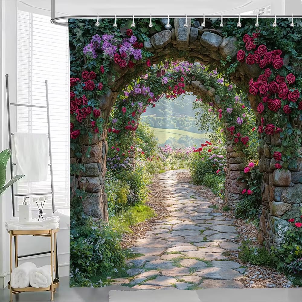 Rideau de douche imperméable avec arche et roses fleurs 133x220cm