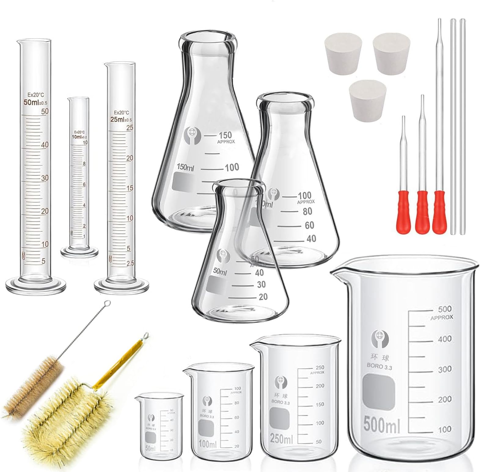 Glass Erlenmeyer Flask Set(150 ml/100 ml/50 ml), with 4pcs Graduated Beaker, 3pcs Measuring Cylinder with 3pcs Dropper, 2pcs Stirring Rod and 2pcs Washing Brush for Lab, Science Studies