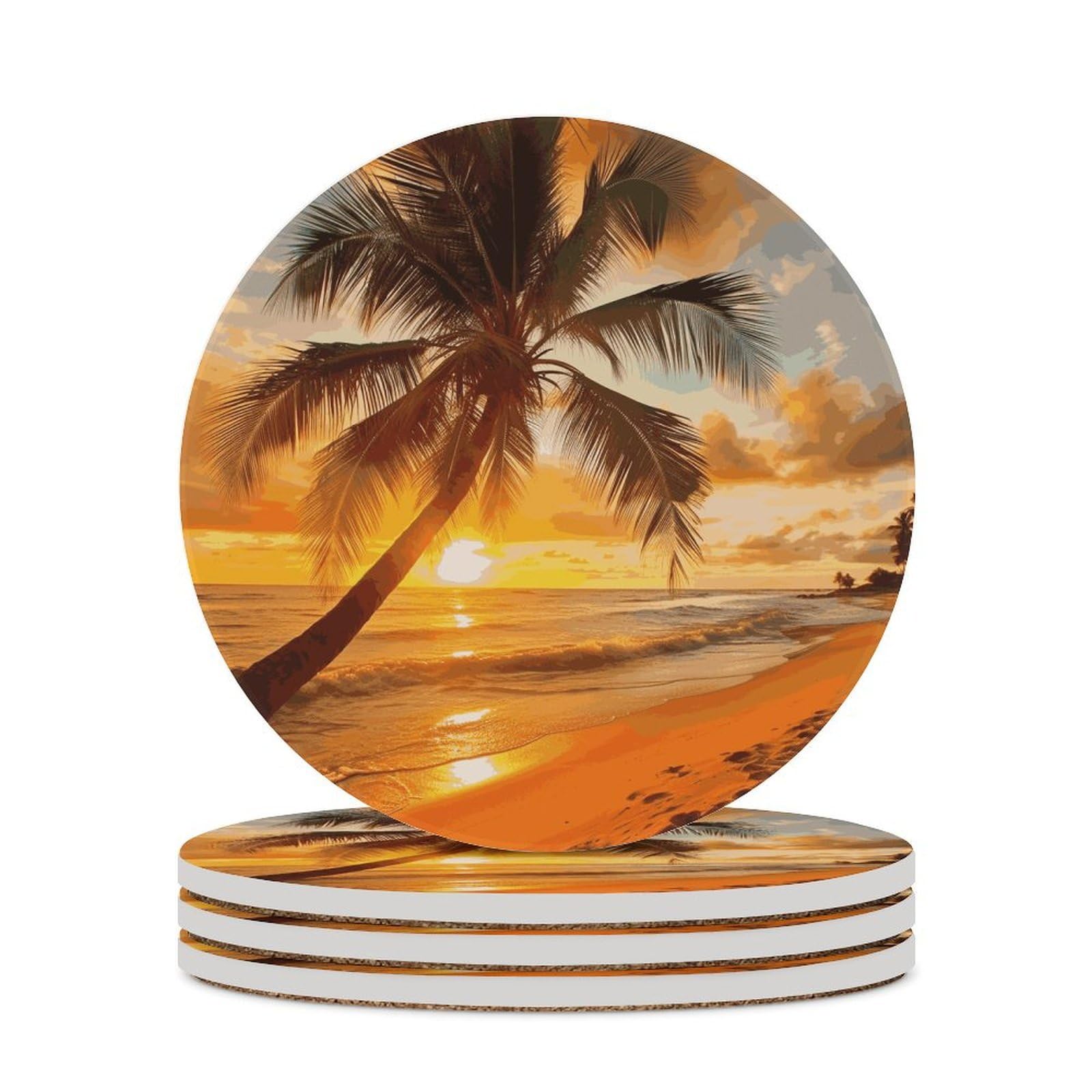 Tropical Beach Palm Tree Sunset Coaster with Cork Base Drink Coasters for Coffee Table Decor Modern Cup Coasters with Non-Slip & Heat-Resistant Cute Ceramic Table Coaster for Home Dining