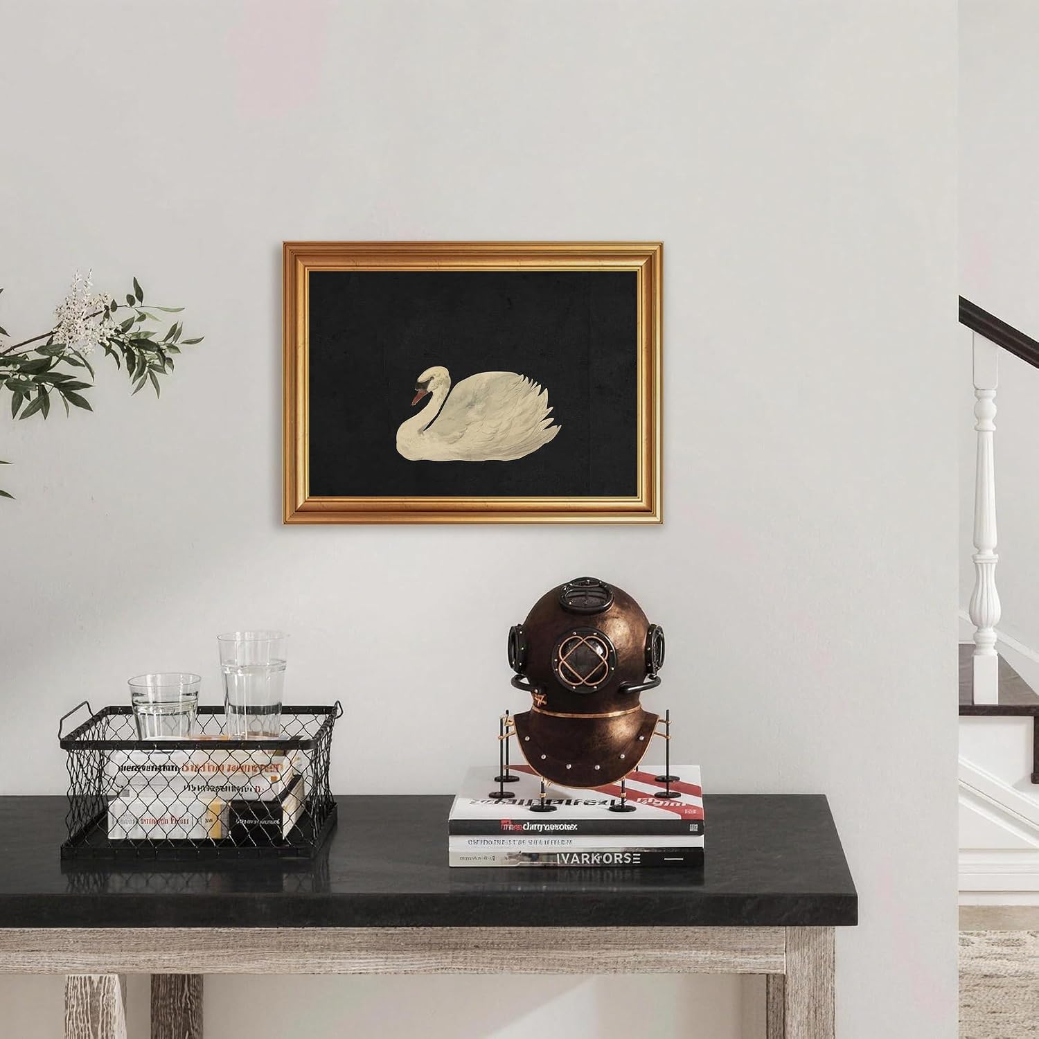 PicturePerfect Decor Minimalist Black Swan Canvas Wall Art 16x12 Gold Frame, Black White Modern Animal Poster, Elegant Bird Print for Living Room Bedroom Office Decor, Easy to Hang
