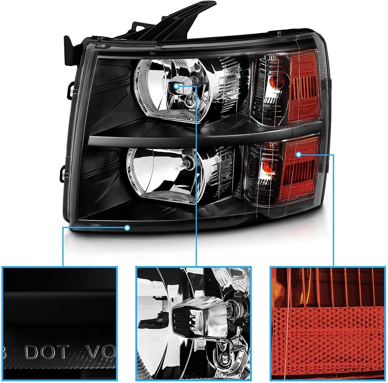 Headlights Assembly Pair for 2007-2013 Chevy Silverado 1500/2007-2014 Chevy Silverado 2500HD 3500HD Headlamps Head Front Lights Replacement Driver and Passenger Side, Black Housing Amber Reflector