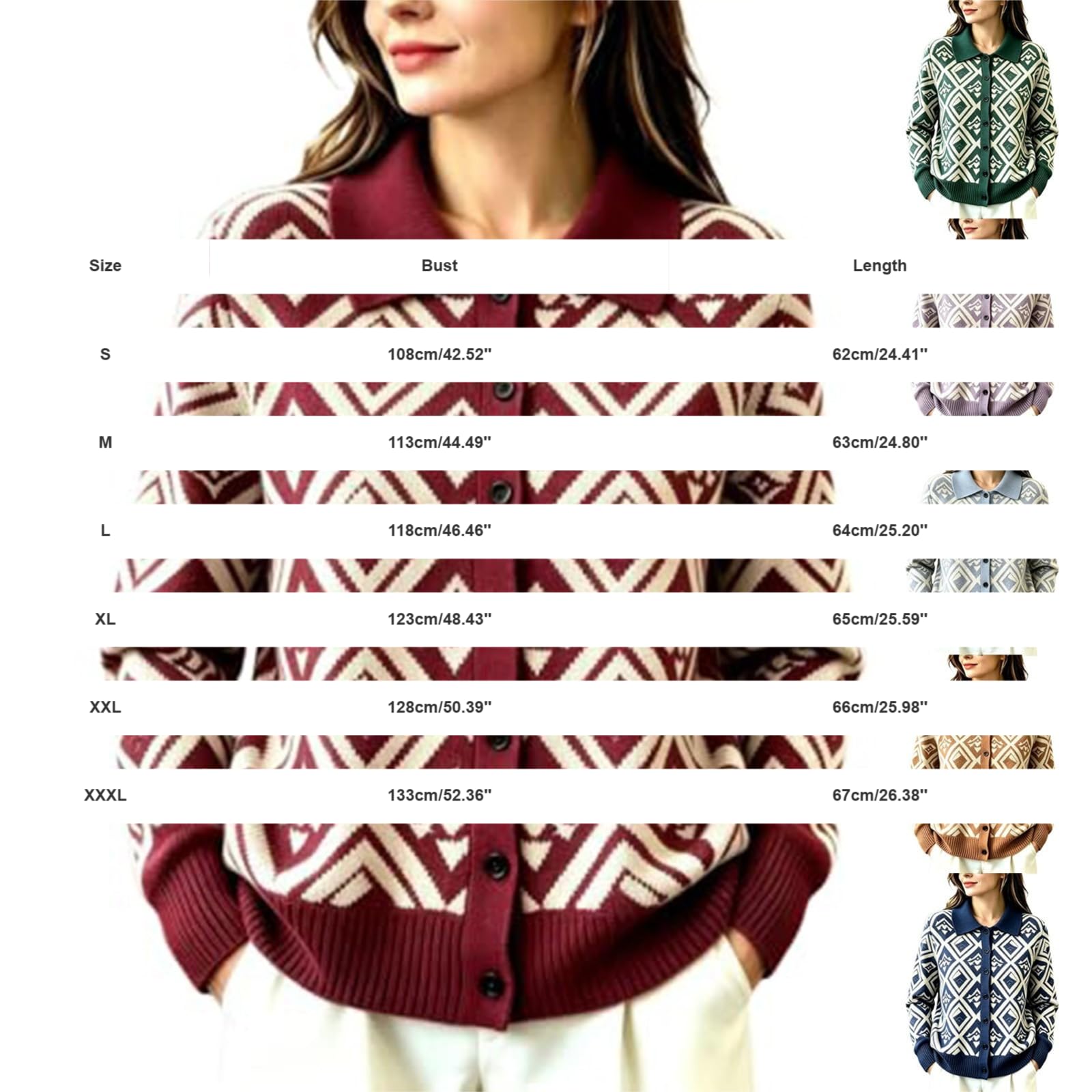 Cardigan da donna con colletto, motivo geometrico, abbottonatura, maniche lunghe, casual, invernale, corto, lavorato a maglia grossa
