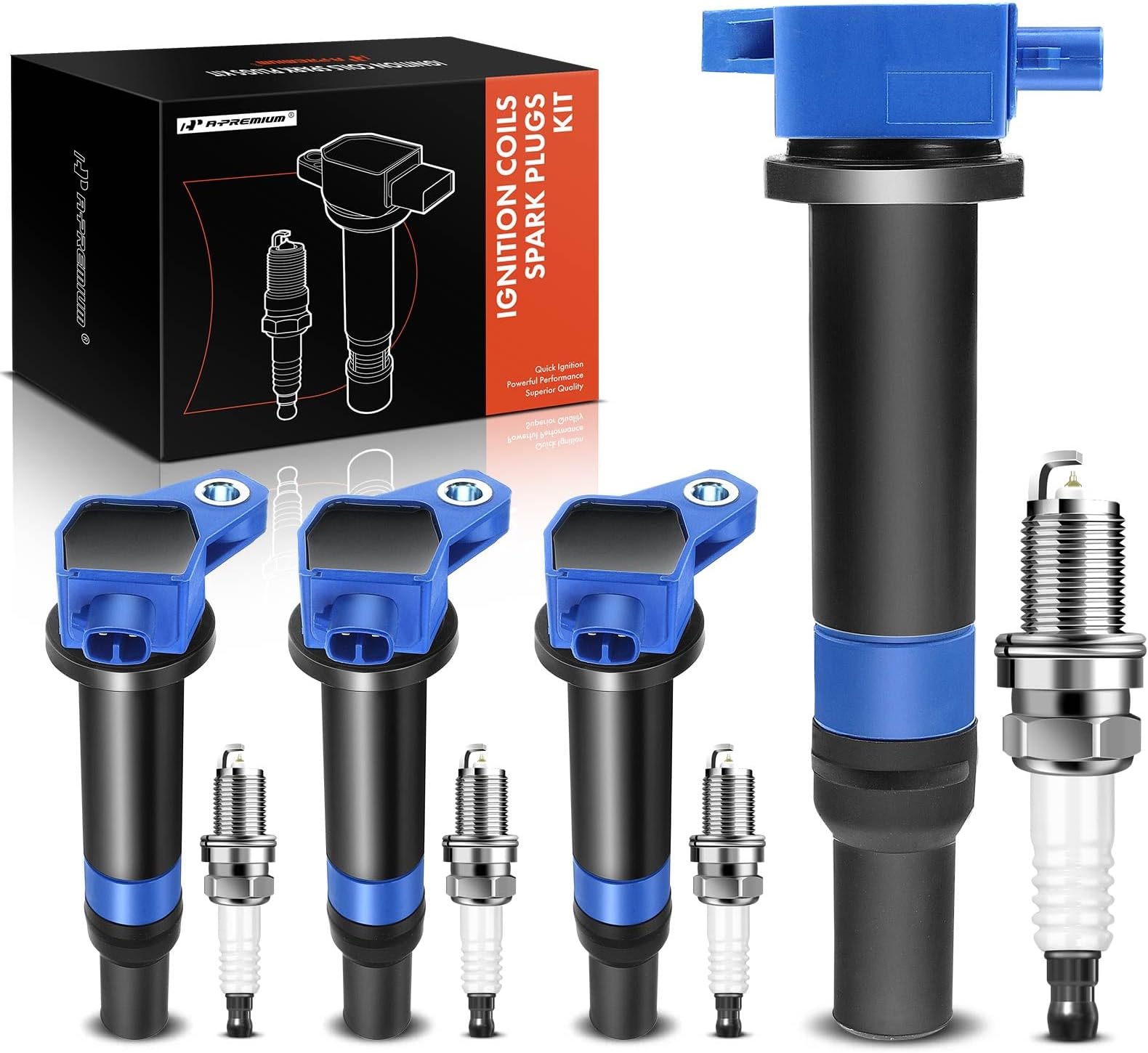 A-Premium Set of 4 Blue Ignition Coil Pack and Iridium Spark Plugs Compatible with Hyundai Accent 2006-2011 & Kia Rio Rio5 2006-2011, 1.4L 1.6L