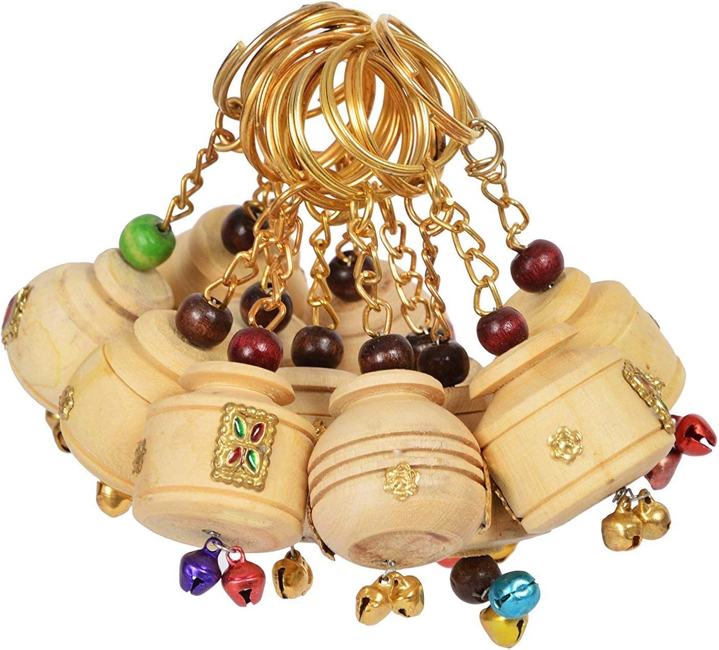 Saudeep India Wooden Hand Carved Keychains (Multicolour) - Set of 12 (Designer Matki)