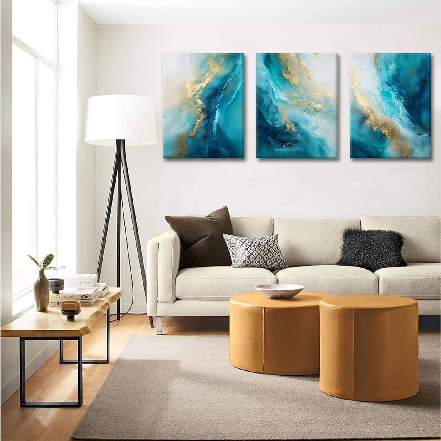 Teal Gold Canvas Wall Art Set of 3 Abstract Aqua Blue Gold Marble Fluid Wall Decor Pictures Neutral Modern Minimalist Posters Prints for Living Room Bedroom Home Decoration 16x24in