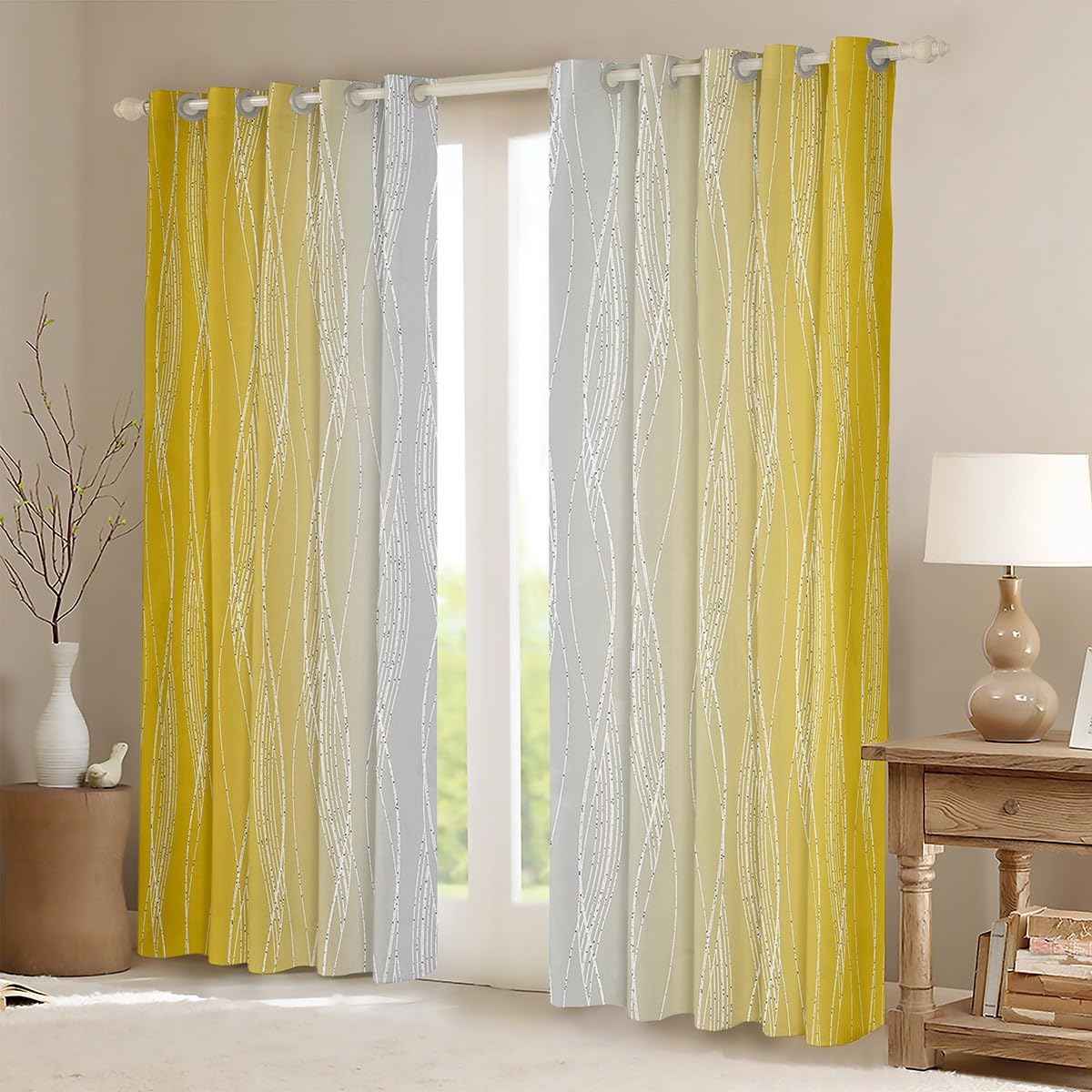Homewish Yellow Greyish White Blackout Curtains Ombre Yellow And Gray Window Curtains 66" Wx90 L Abstract Gradient Geometric Curtains & Drapes Silver White Wavy Line Window Treatments 2 Panels - Image 2