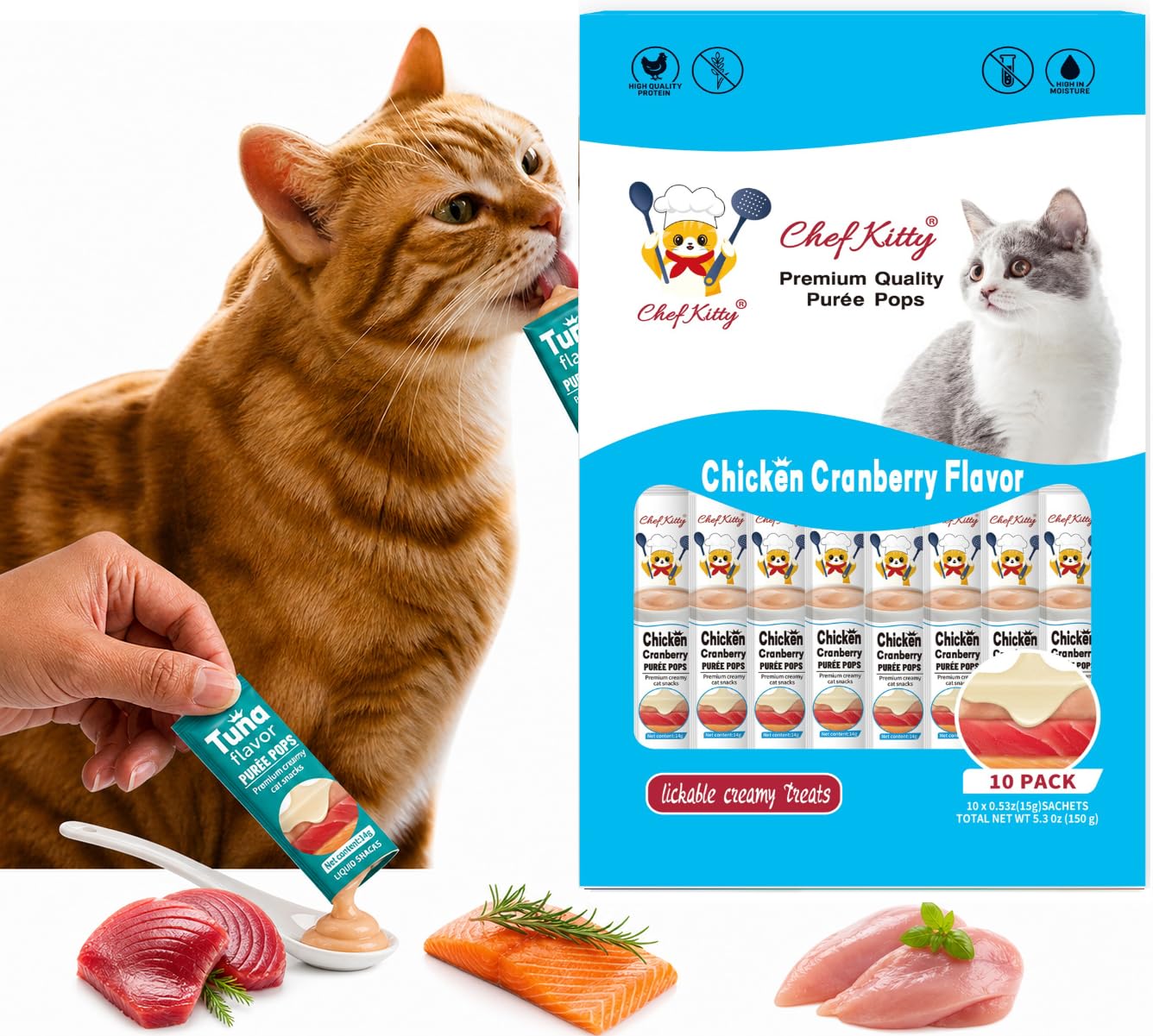 Lickable Cat Treats, Chicken &amp; Cranberry Puree Topper, 10 Tubes