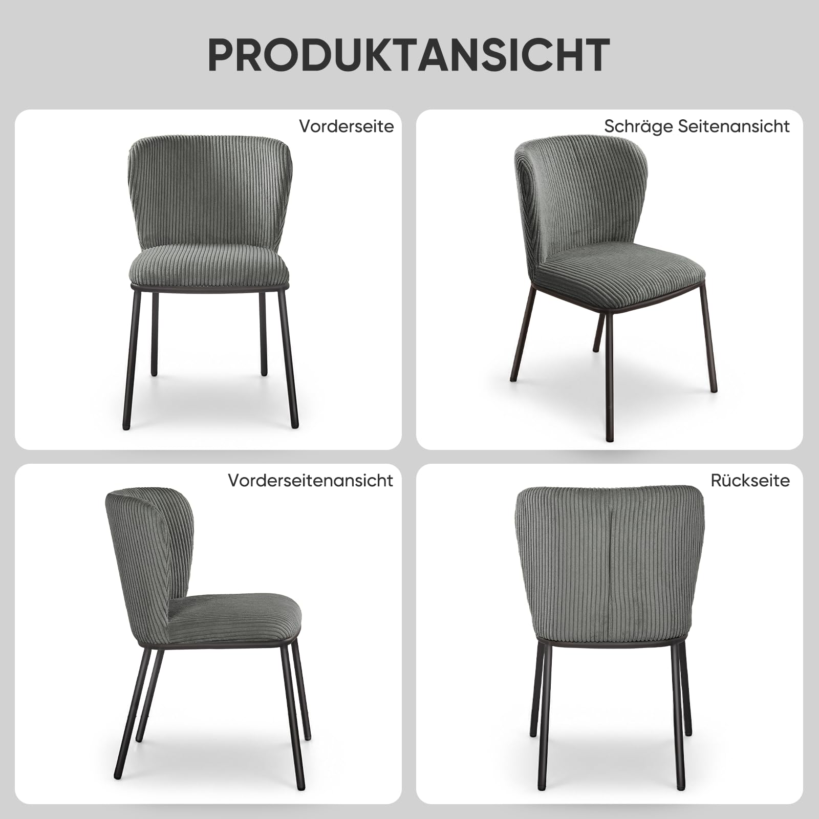 Esszimmerstühle 2er Set, Esstischstühle mit Cordbezug und Metallbeinen, ergonomische Küchenstühle armlehnlos für Esszimmer & Küche, Bequeme Stühle mit Schaumstoffpolsterung-Grau