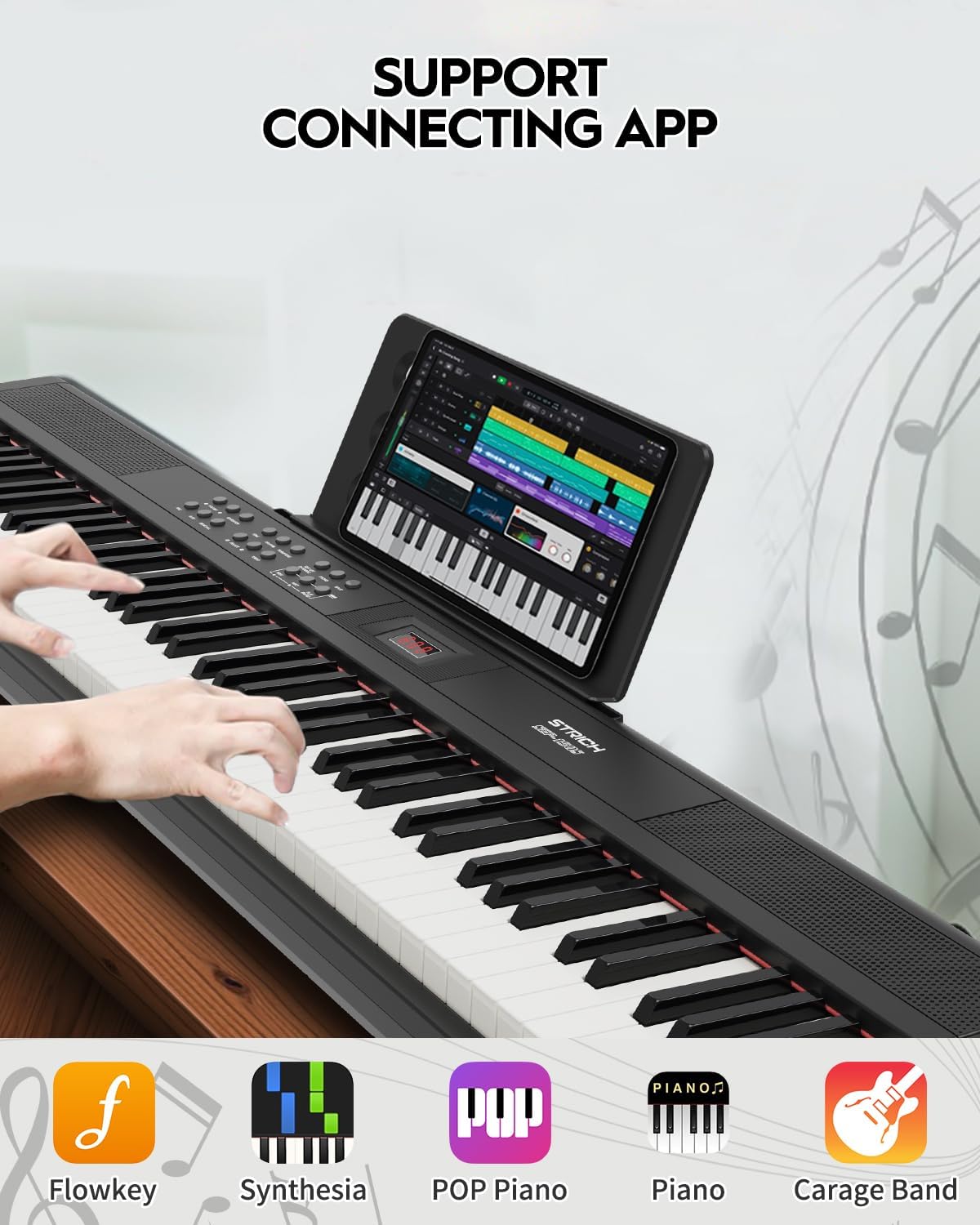 A tablet displaying music software connected to the STRICH SEP-150S Digital Piano, with icons for compatible apps like Flowkey, Synthesia, POP Piano, and Garage Band.