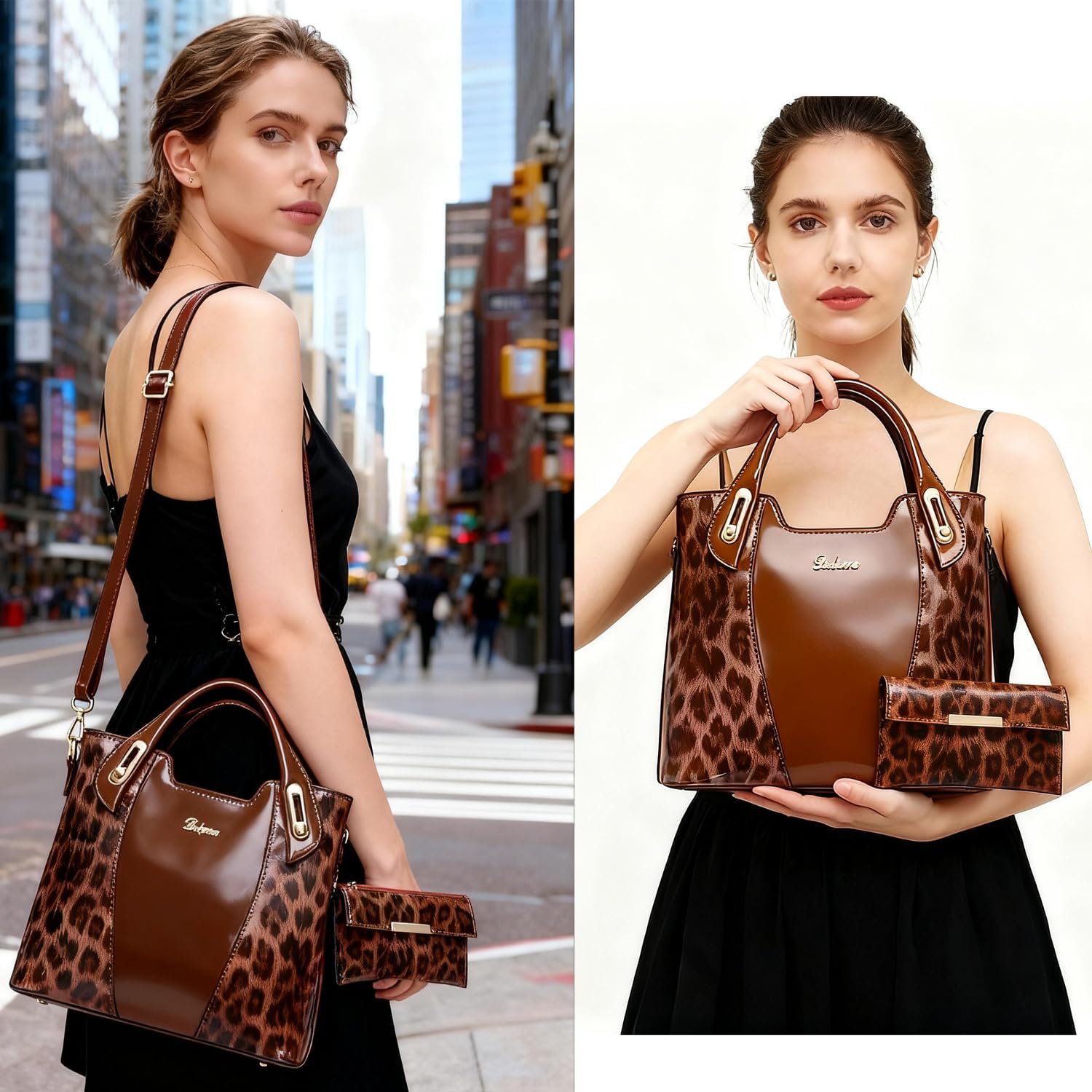 YUNZLAN Fashion Glossy Leopard Print Tote for Women with Purse Leather Handbags for Women with Zipper (Brown) - Image 3