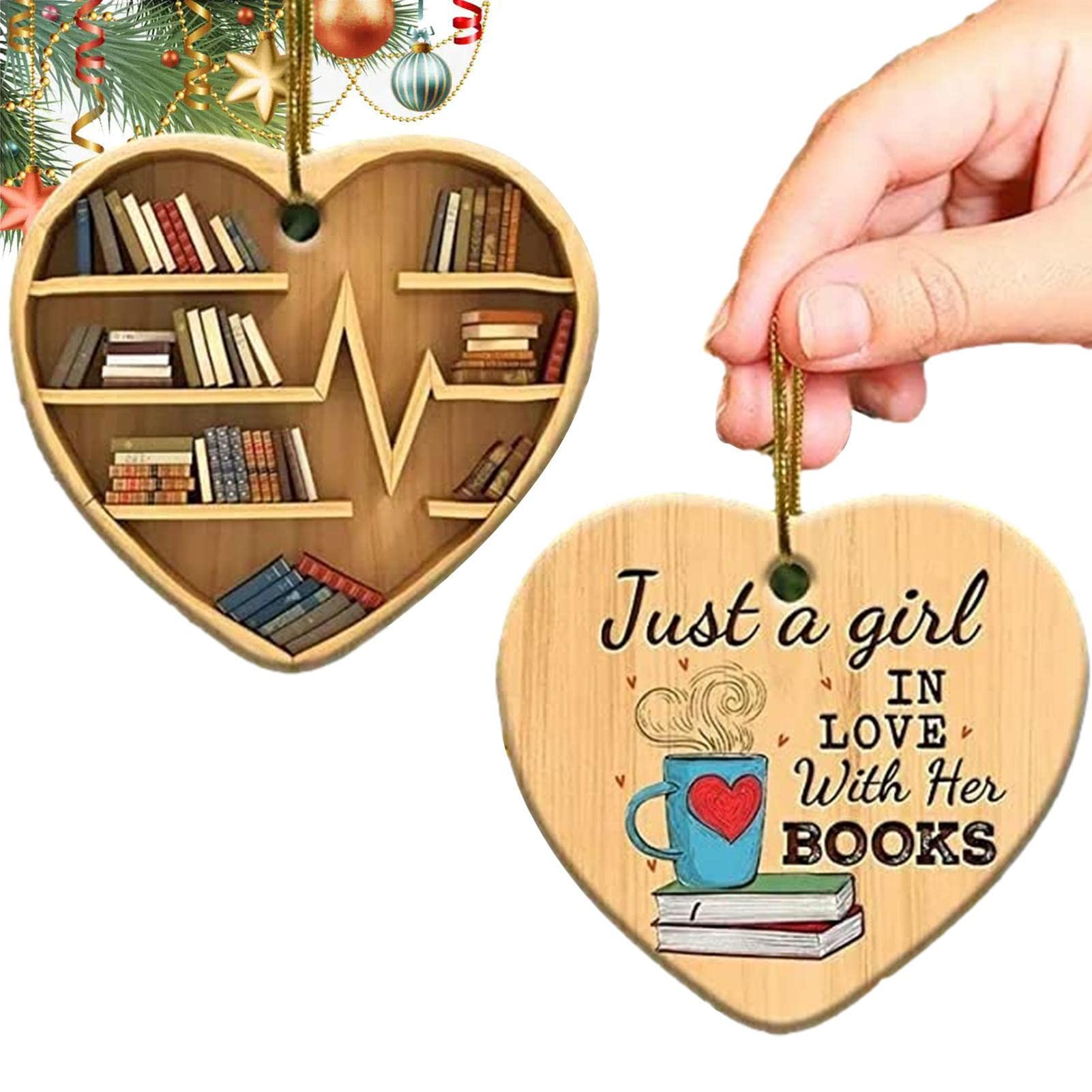 Qiyifang Style 3 Book Lovers Heart Ornament, Book Lovers Heart-Shaped Bookshelf Ornament Tree Pendant, Reading Book Hanging Ornament, Book For Her Librarian, Book Lover
