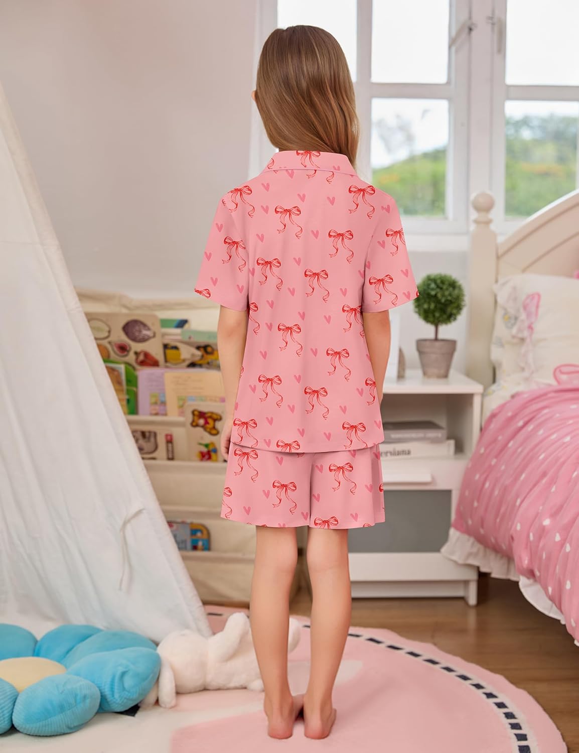 SWOMOG Kids Pajamas Sets 3PCS Short Sleeve Long Pants with Shorts Girls Boys Button Down PJS Cute Loungewear for 4T-15Years, - Image 3