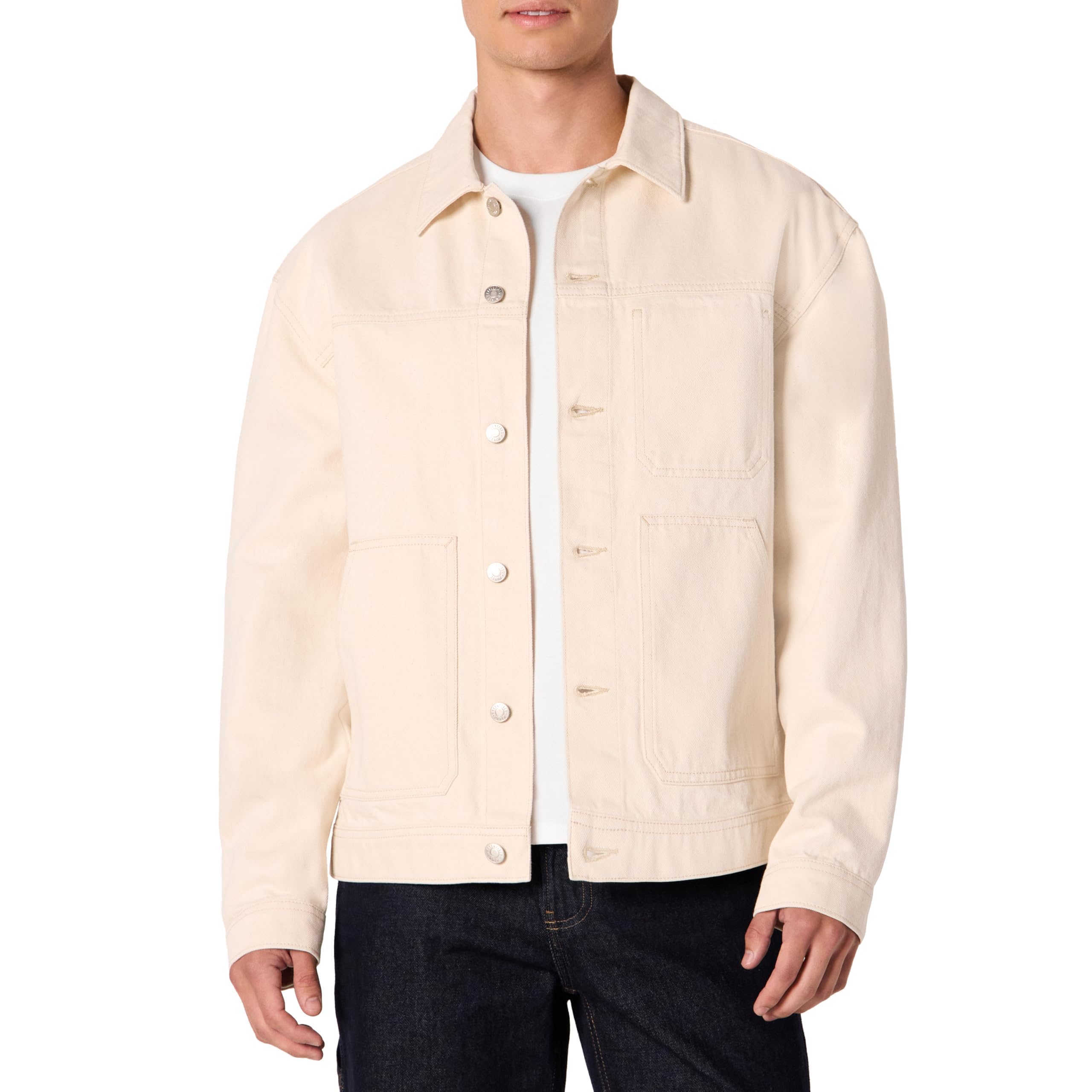 Amazon Essentials Men's Rigid Denim Relaxed-Fit Utility Jacket with Pockets, Ecru, X-Small