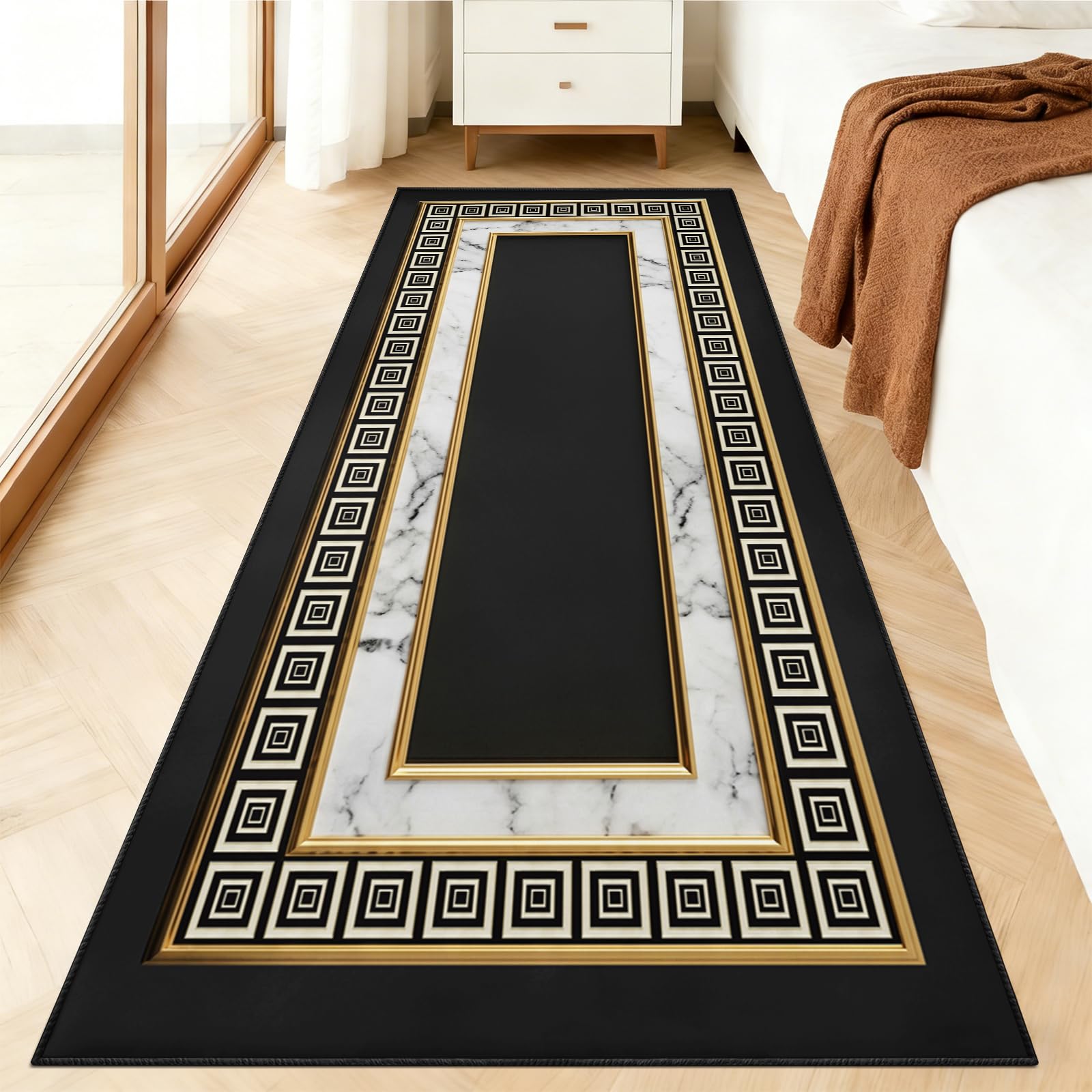 KUKEEUA Greek Key Carpet Runner for Hallways, 80x300cm Modern Black Gold Runner Rug, Geometric Border Area Rugs for Living Room Long Carpet Washable Non-Slip Floor Mats