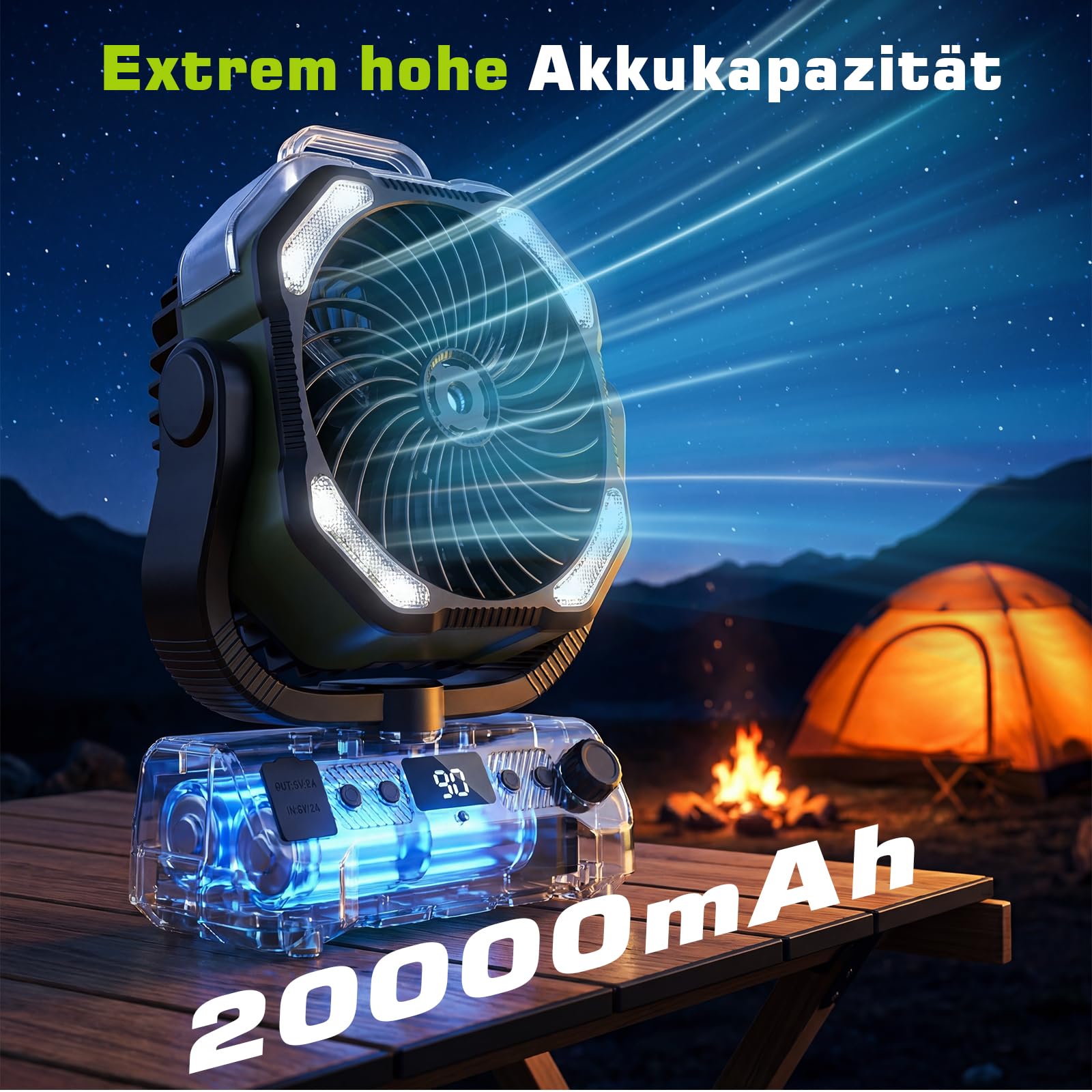 20000mAh Camping Ventilator Akku mit Licht, 0-100 Stufen Regelbar Outdoor Ventilator mit Sprühfunktion & Fernbedienung, Leise Tischventilator mit Timer 360° Haken für Zelt Angel