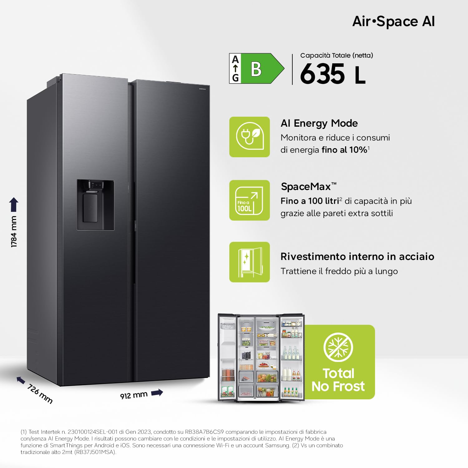 FRIGORIFERO SIDE BY SIDE SAMSUNG RS80F66KBFEF NERO 634 L INVERTER DISPENSER ACQUA E GHIACCIO LIBERA INSTALLAZIONE CLASSE B (Ricondizionato)