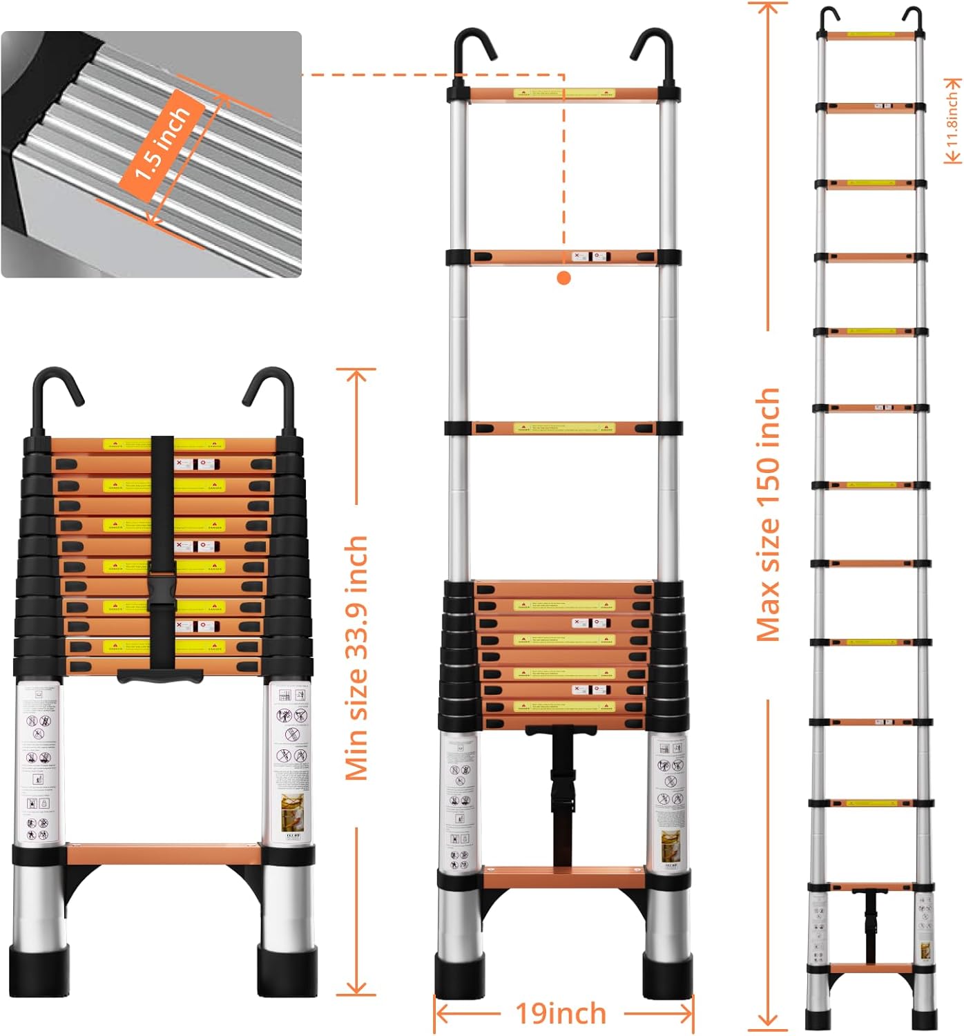 EvaStar 12.5FT Telescoping Ladder, Aluminum Lightweight Extension Ladder w/Hooks & Stabilizers, 330lbs Capacity Collapsible Ladders, Extension Telescopic Ladder for Home, Outdoor, RV - Orange & Silver