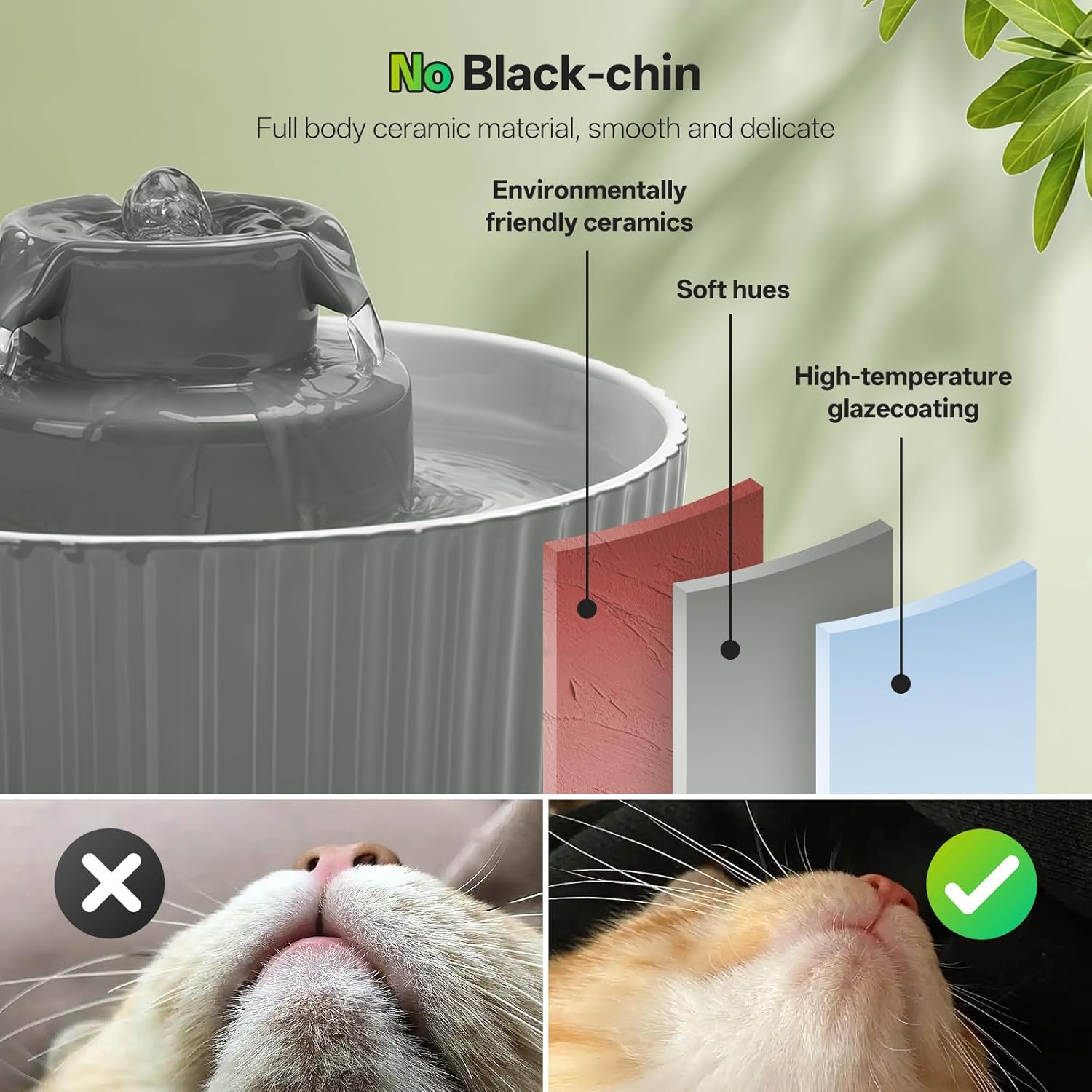 Ceramic Cat Water Fountain, 2.1L/70oz Porcelain Pet Drinking Dispenser with 4 Set Replacement Filter & Sponge, Automatic Dog Water Bowl with Ultra-Quiet Pump, Cat Feeding Watering Supplies(Grey)