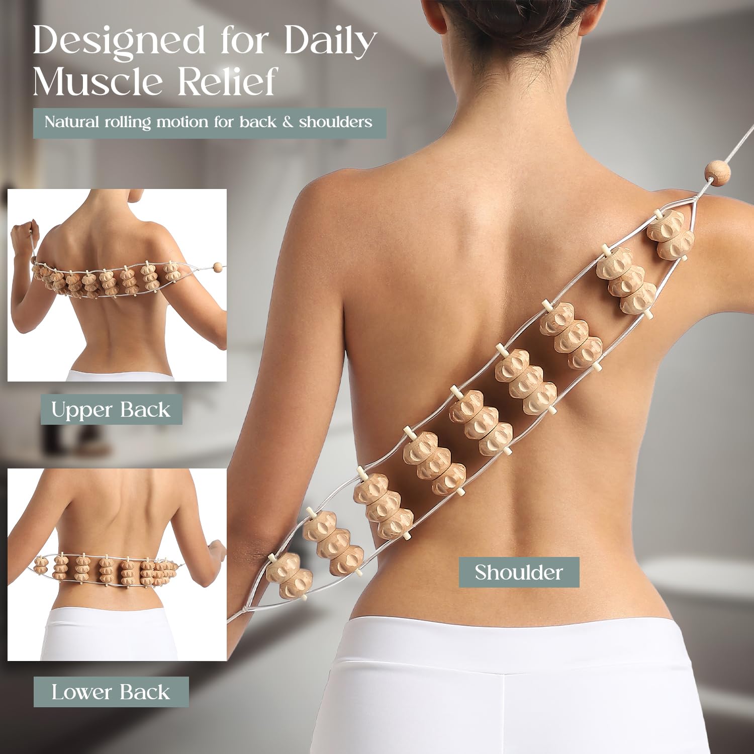Mr.Woodware Wood Therapy Lot de 2 rouleaux de massage en bois pour drainage lymphatique incurvé et appareil de massage du dos avec corde – Outils de massage en bois pour sculpter le corps, sculpter,