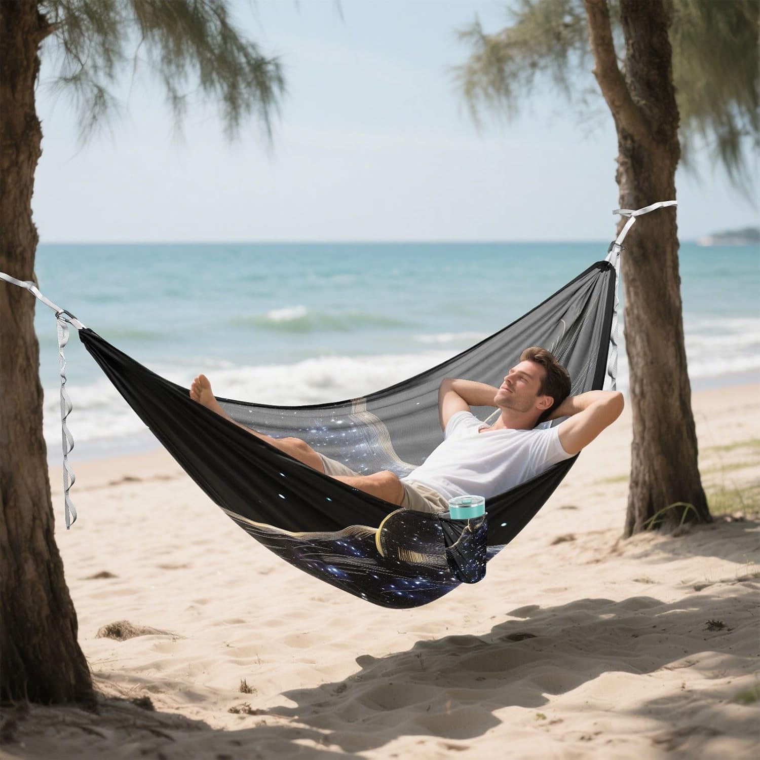 ALAZA Black Galaxy Camping Hammocks Single or 2 Person 500 lbs Portable Parachute Travel Hammock w/Tree Straps for Hiking Backpacking Indoor Outdoor