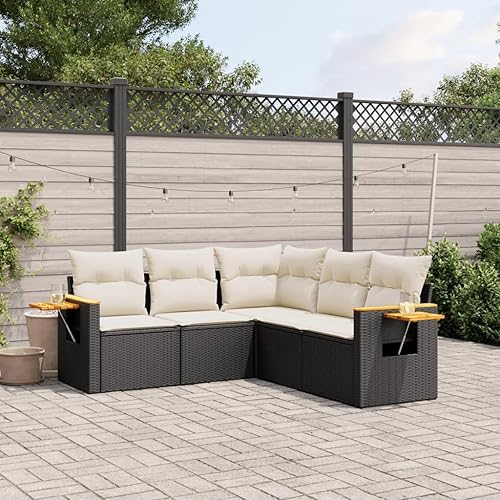5 Piece Garden Sofa Set in Black and Cream White, Modern Outdoor Furniture with Weather-Resistant Cushions, Durable Poly Rattan and Steel Frame,