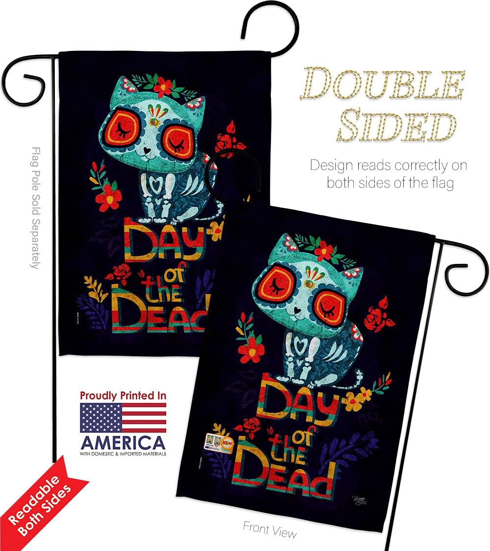 Skull Cat Garden Flag Set Wall Hanger Falltime Day of Dead Dia De Los Muertos Fiesta Mexican Party Autumntime Small Decorative Gift Yard House Banner Double-Sided Made In USA 13 X 18.5