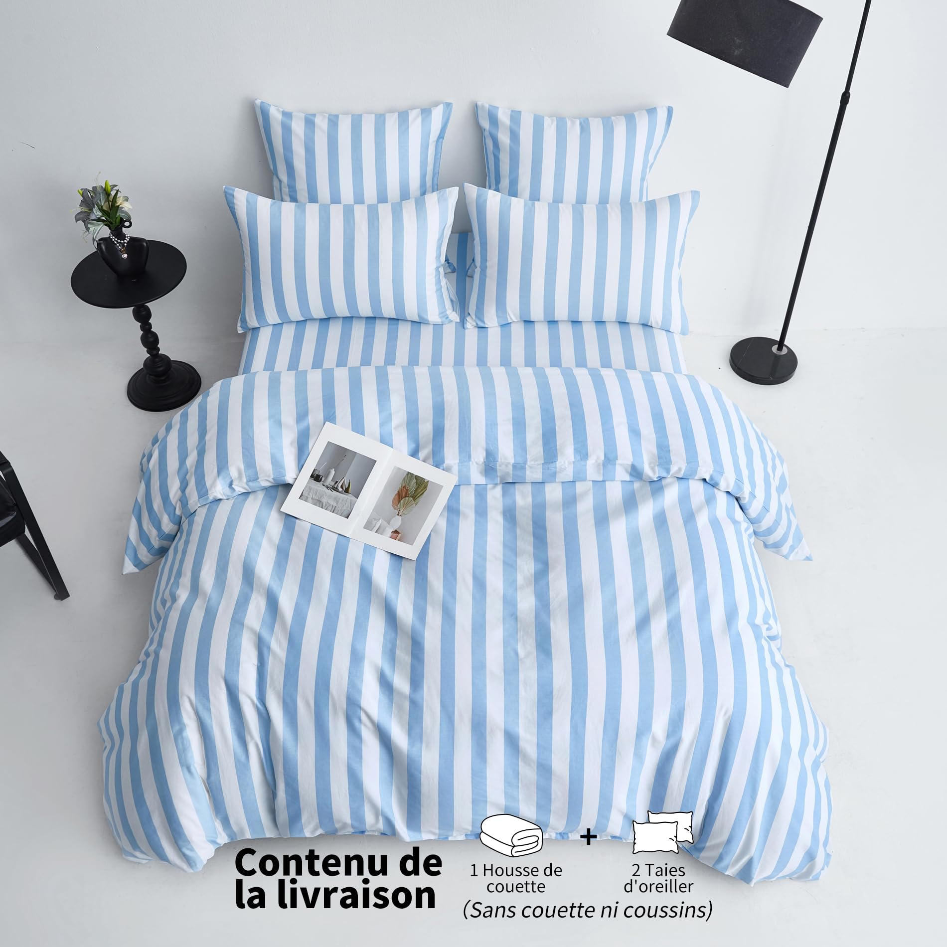 Funda nórdica de 200 x 200 cm, algodón, color azul claro y blanco a rayas, juego de cama de 200 x 200 cm, algodón, estilo moderno, suave, transpirable, ropa de cama para 2 personas, con