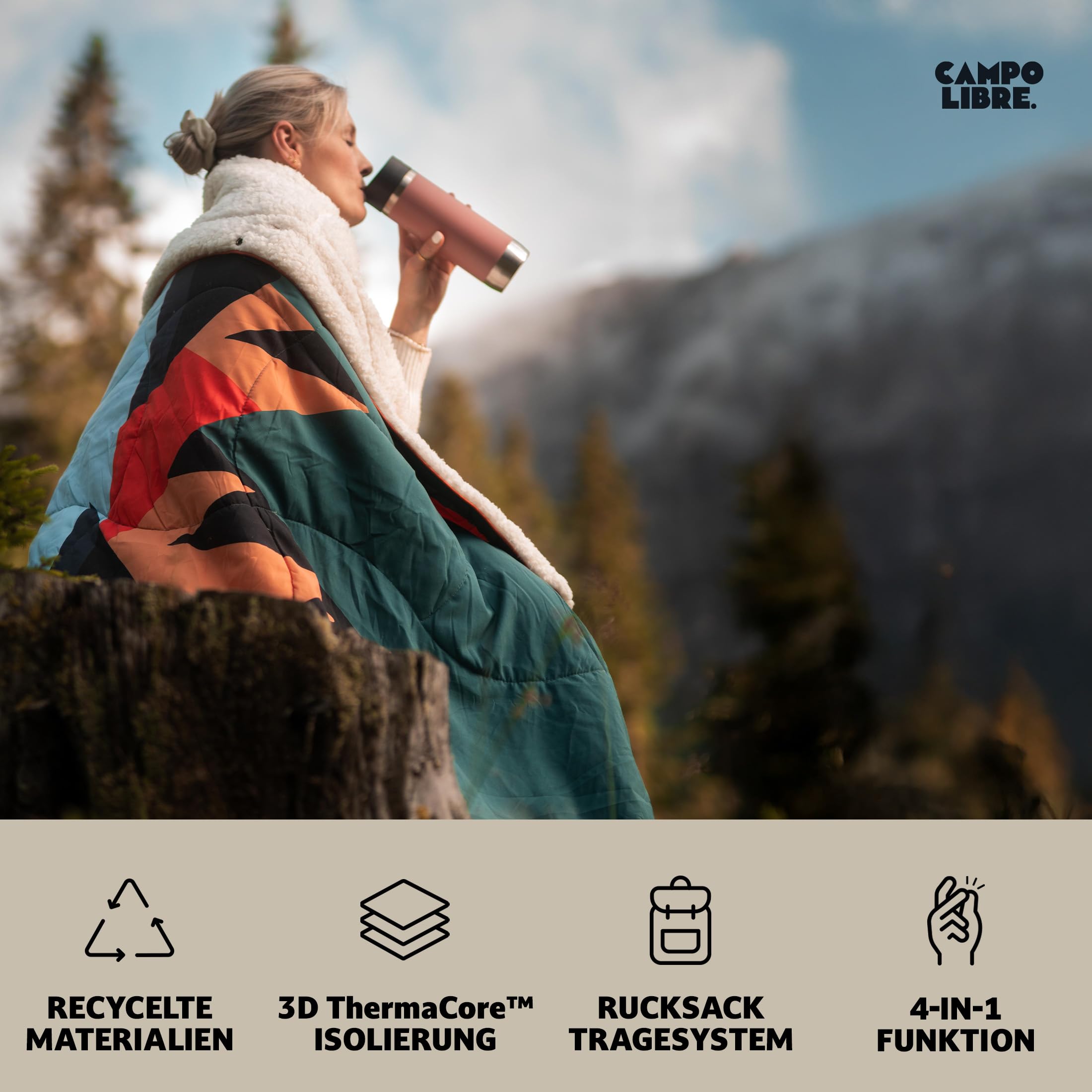 Campo Libre.® Wanda I multifunktionale Campingdecke I 4 in 1 - Decke, Schlafsack, Kissen, Poncho I Thermodecke Outdoor I ultraleichte Reisedecke I weiches Sherpa- Fleece I 100% recycelte Materialien