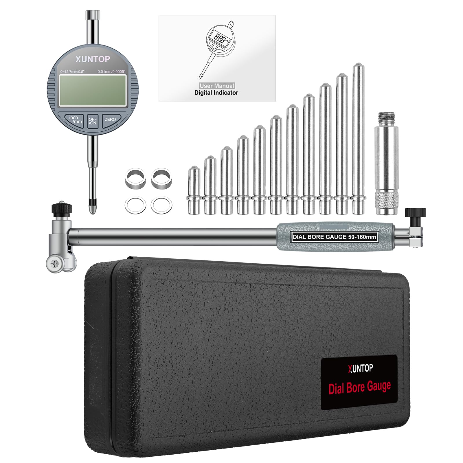 XUNTOP Digitales Bohrungsmessgerät Messuhr Set digitales mechanisches messuhr Messgerät für Innendurchmesser 50-160 mm (2-6 Zoll) Hohe Präzision Innenmessgerät zur Messung des Innendurchmessers