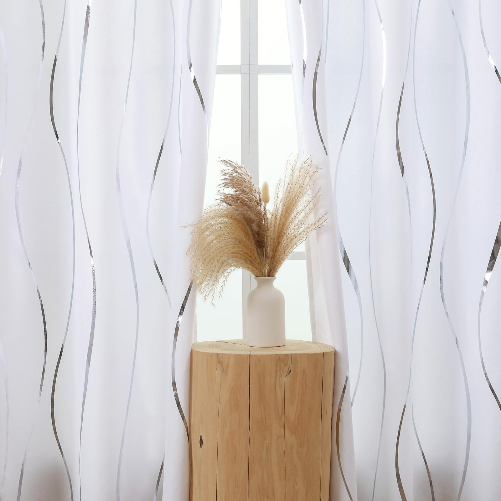 L.Z.E Lot de 2 Rideaux Brise-Vue avec dégradé de Couleur argenté/Blanc pour Salon, Chambre à Coucher, à œillets dégradés, translucides, avec Motif ombré 225 cm