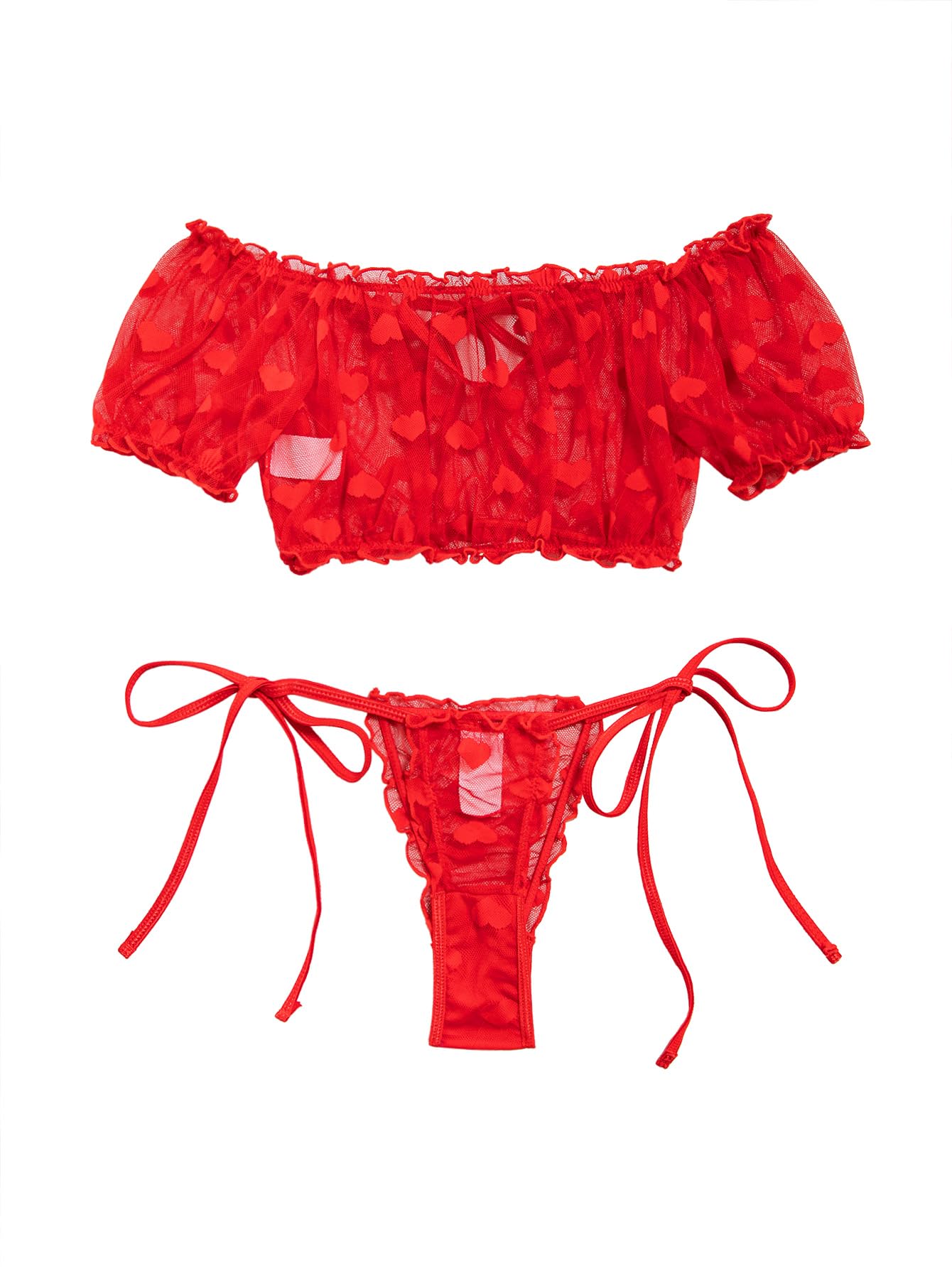 Lilosy Sexy Stretch Ruffle Tie Sheer Mesh Lingerie Set Outfits: Large Love Heart