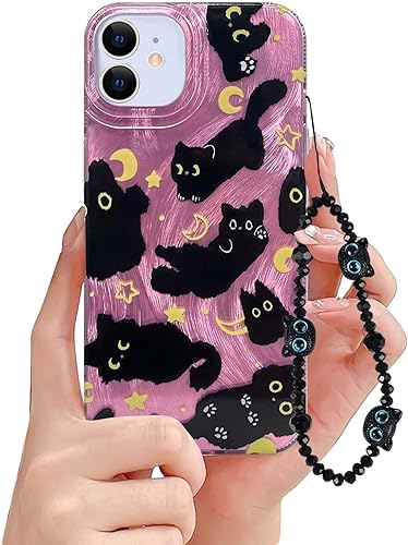 Miniatura 15 de Fycyko Funda de teléfono para iPhone 11 con patrón de gato lindo, estética, genial y femenina con correa de encantos de teléfono y cadena, funda