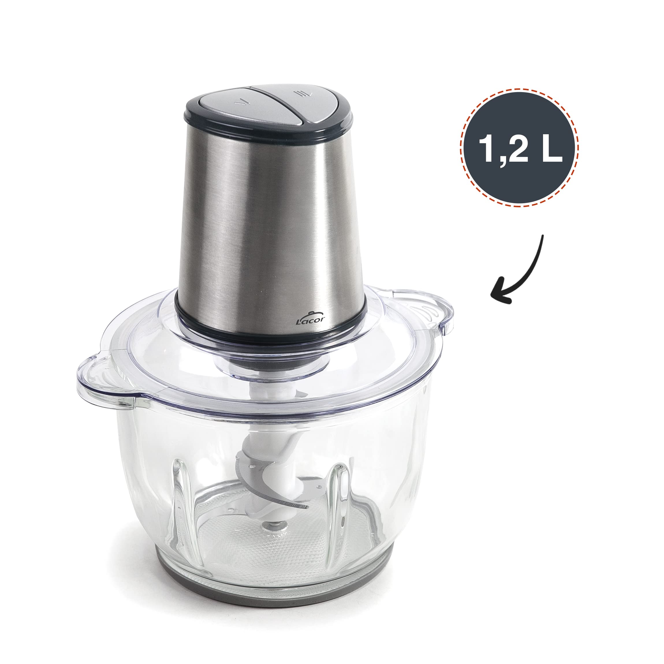 LACOR - 69077 - Cortador Automático, Picador de Alimentos, Picadora con Cuchillas de Ultra-Resistentes, Libre de BPA, 2 velocidades, 300 W, 1,2 L