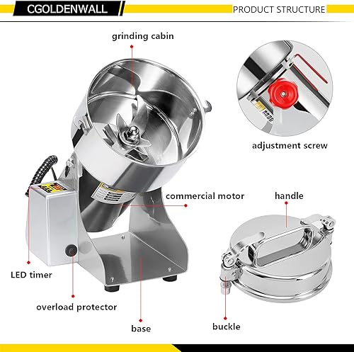 Miniatura 6 de CGOLDENWALL Pantalla LED 88.18 oz Molino de Grano Molino Comercial Eléctrico Especias Hierbas Molinillo Pulverizador Grado Alimentario Acero
