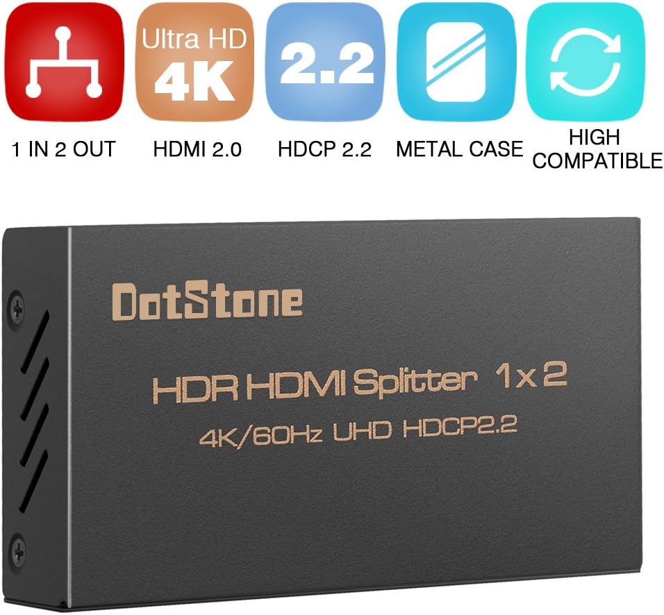 HDMI Splitter 1x2 HDMI 2.0 Support Ultra HD 4K/2K/60Hz Full HD 3D 1080P HDR Signals with HDCP 2.2 Passthrough 1 Input 2 Outputs by DotStone