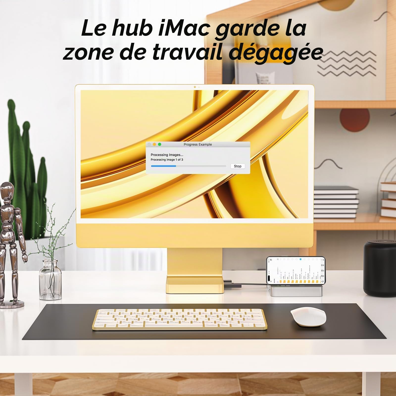 Minisopuru Hub USB C pour iMac 24 Pouces 2021/2023/2024, Hub USB i Mac avec M.2 NVMe SSD, Accessoires iMac pour iMac M1/M3/M4, Adaptateur USB iMac avec 10 Gbit/s, SD/TF, SSD M.2 (Non Inclus), Jaune.