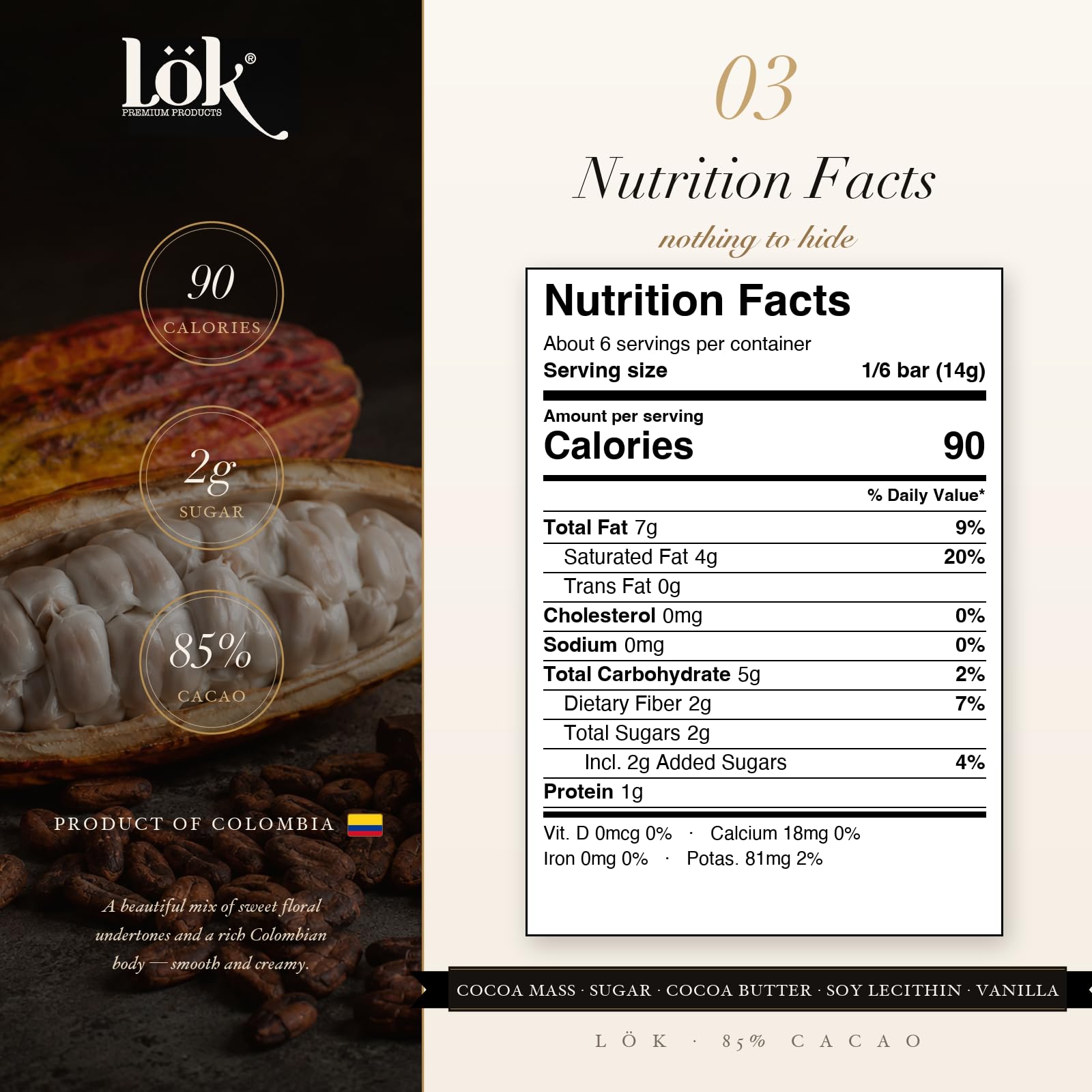 Amazon.com : Lok Dark Chocolate Bar 85% Cacao | Fair Trade, Non