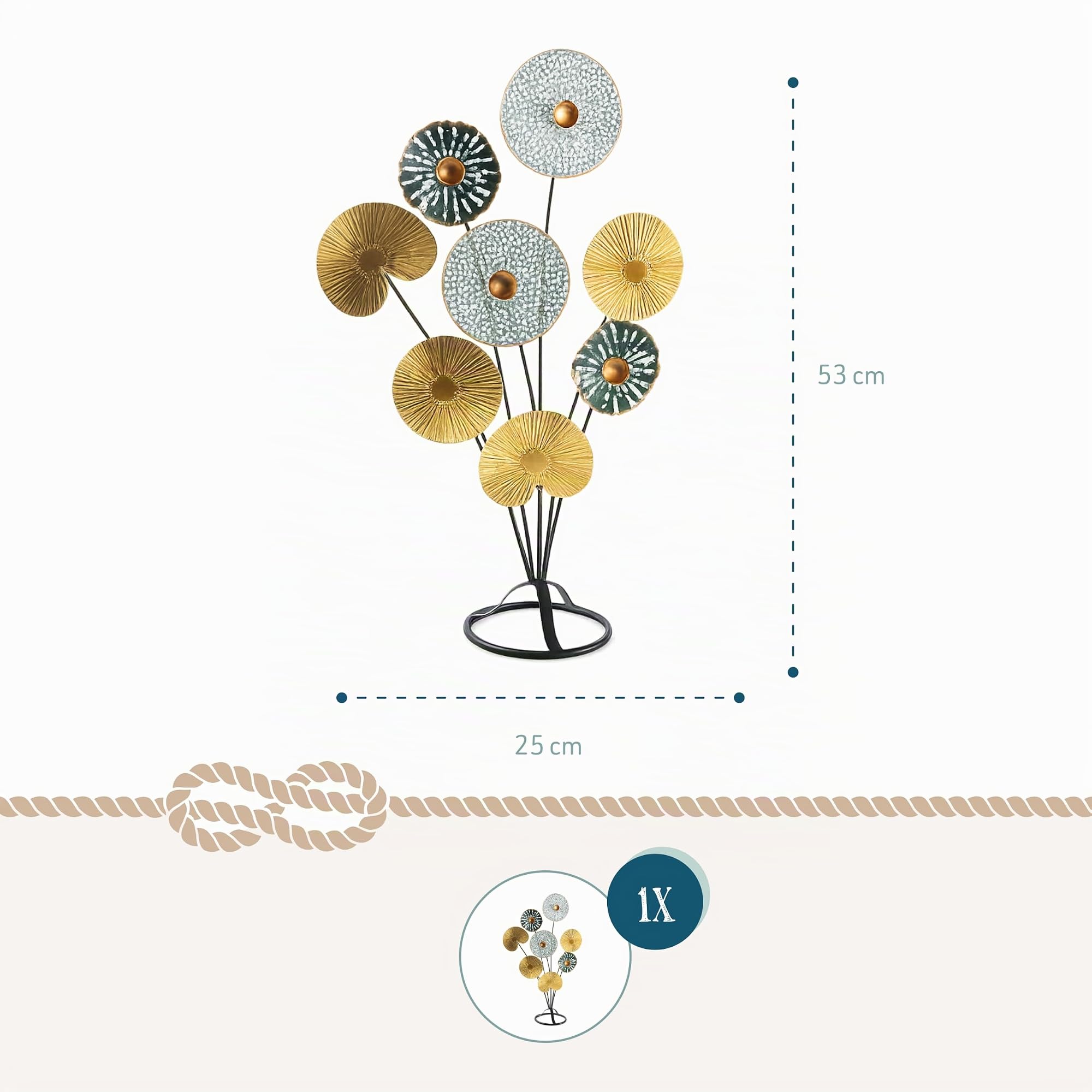 Logbuch-Verlag Dekoobjekt Metall Blumen 53 cm zum Hinstellen - Skulptur Blätter Baum in Gold Türkis Schwarz - Tischdeko Wohnzimmer Geschenk Geburtstag Hochzeit
