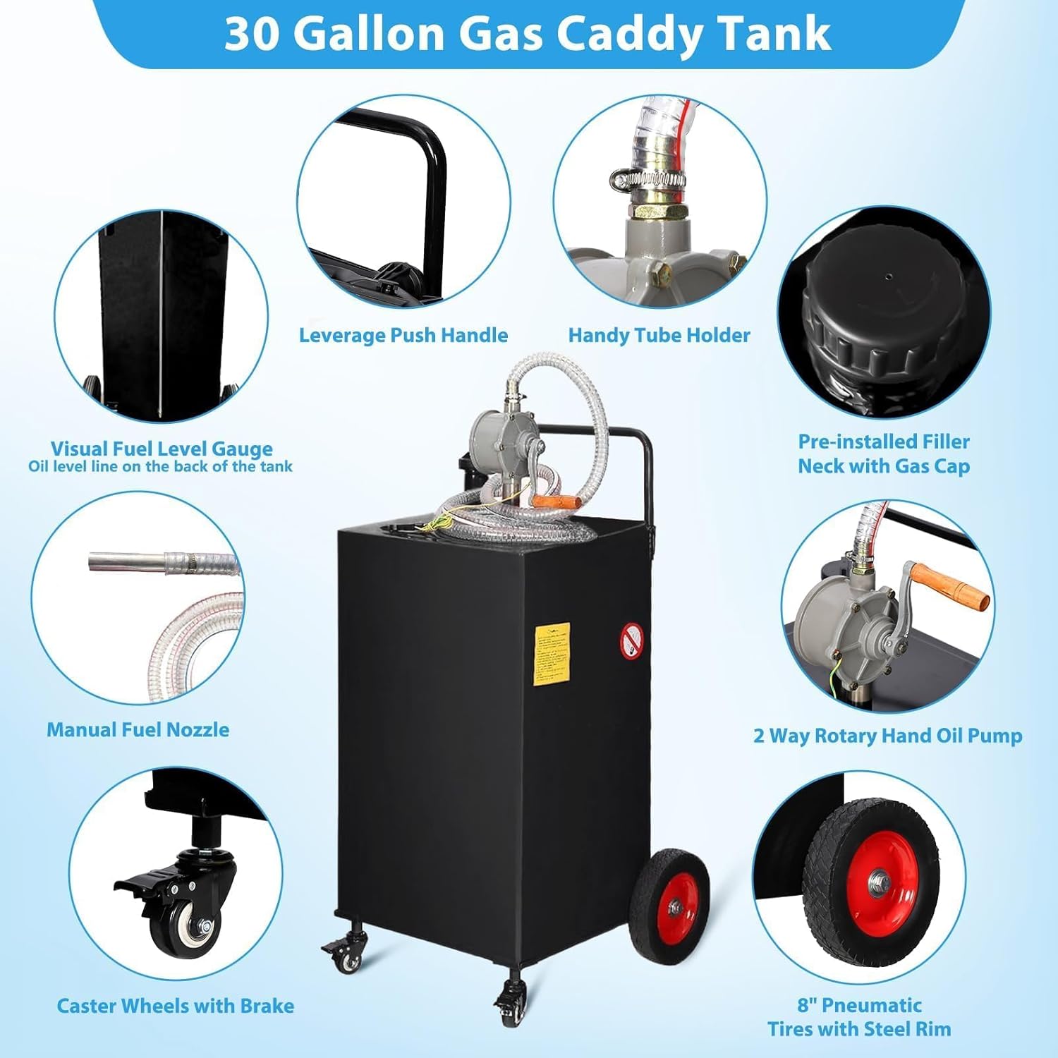 30 Gallon Fuel Caddy with Manual Pump, Heavy Duty Portable Gas & Diesel Transfer Tank on 4 Wheels, Spill-Proof Container for Truck, Tractor, Boat, ATV, Farm,Orange